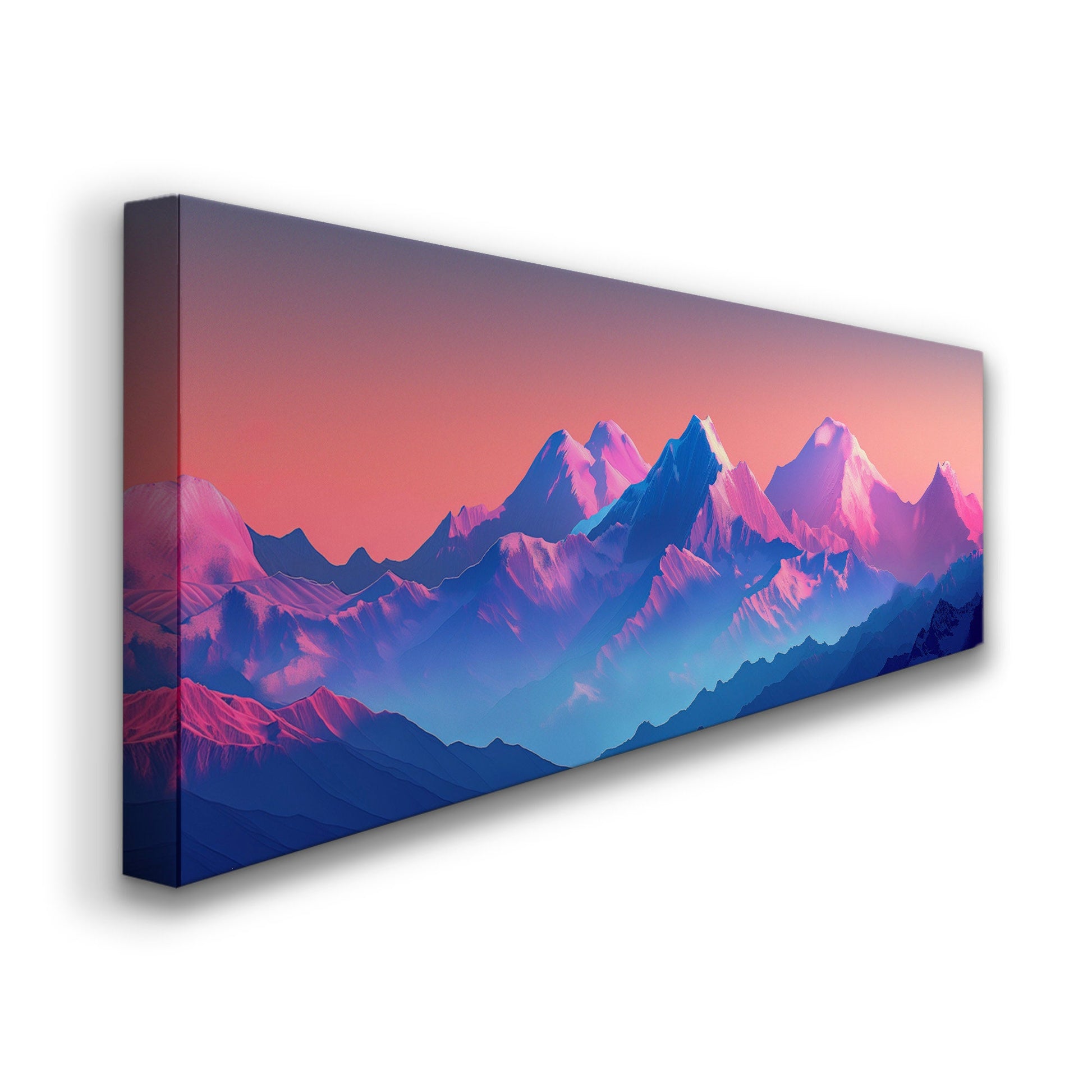 Himalayas in Vibrant Colors Above Bed Wall Art Vaporwave, Panoramic Synthwave Canvas Print, Pink And Purple Long Horizontal Canvas Art