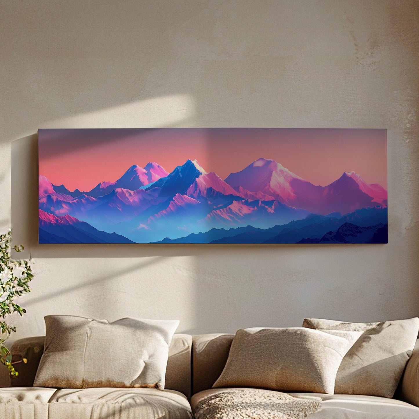 Himalayas in Vibrant Colors Above Bed Wall Art Vaporwave, Panoramic Synthwave Canvas Print, Pink And Purple Long Horizontal Canvas Art