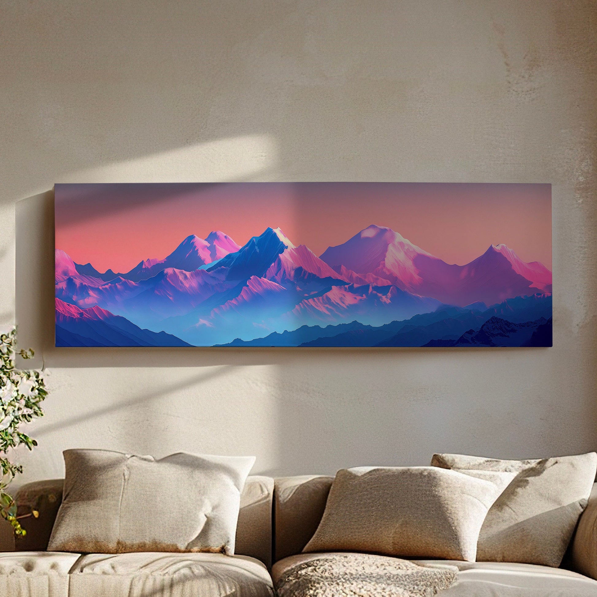 Himalayas in Vibrant Colors Above Bed Wall Art Vaporwave, Panoramic Synthwave Canvas Print, Pink And Purple Long Horizontal Canvas Art