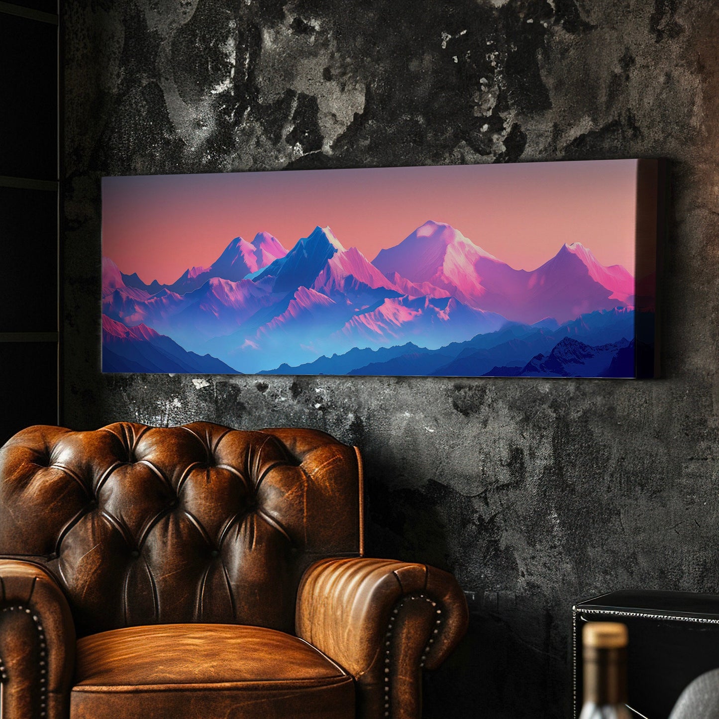 Himalayas in Vibrant Colors Above Bed Wall Art Vaporwave, Panoramic Synthwave Canvas Print, Pink And Purple Long Horizontal Canvas Art