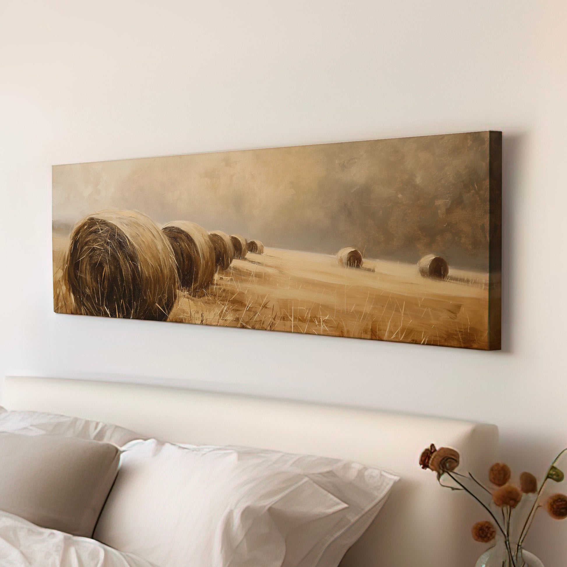 Hay Bales Above Bed Wall Art Countryside, Panoramic Farmhouse Canvas Print, Wheat Field Long Horizontal Canvas Art