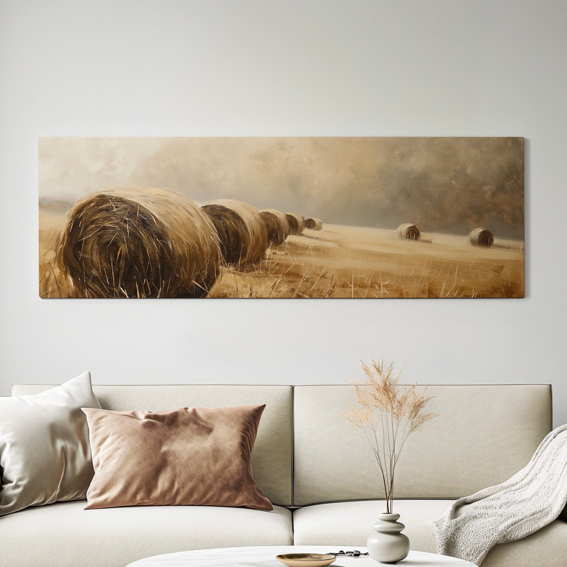 Hay Bales Above Bed Wall Art Countryside, Panoramic Farmhouse Canvas Print, Wheat Field Long Horizontal Canvas Art
