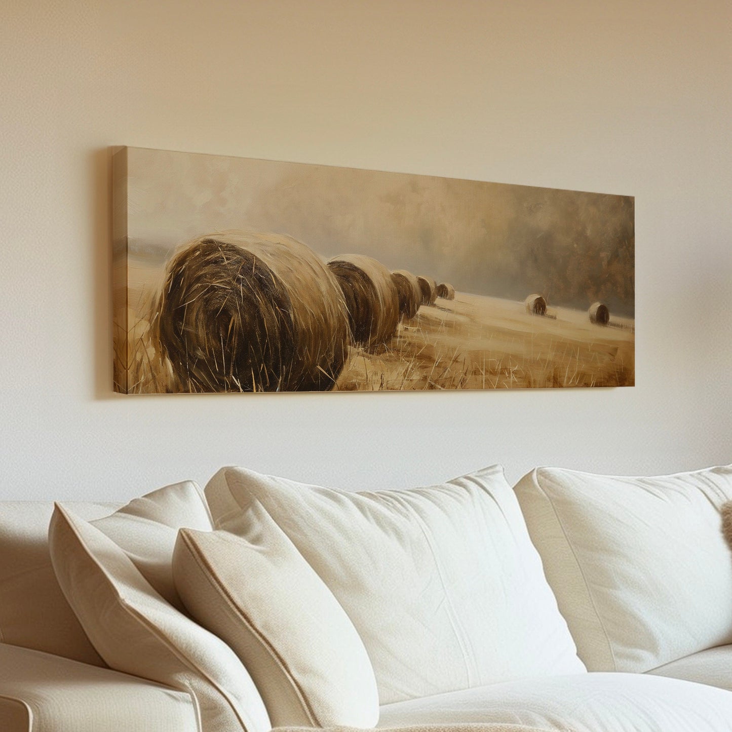 Hay Bales Above Bed Wall Art Countryside, Panoramic Farmhouse Canvas Print, Wheat Field Long Horizontal Canvas Art