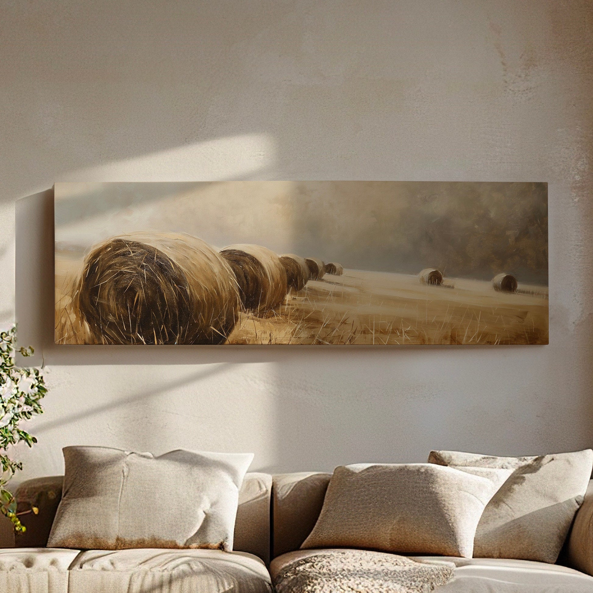 Hay Bales Above Bed Wall Art Countryside, Panoramic Farmhouse Canvas Print, Wheat Field Long Horizontal Canvas Art
