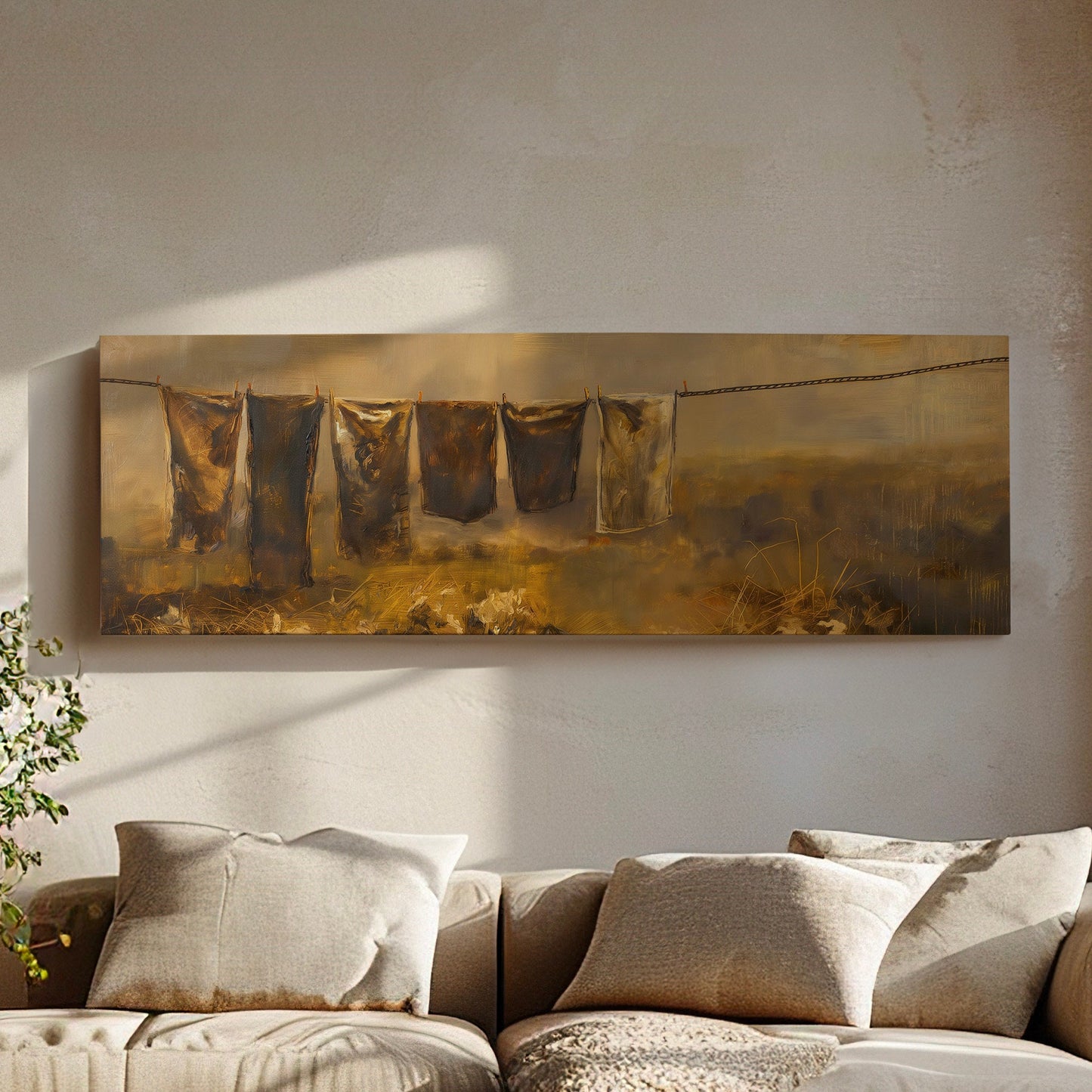 Hanging Clothes Above Bed Wall Art Countryside, Panoramic Farmhouse Canvas Print, Wheat Field Long Horizontal Canvas Art