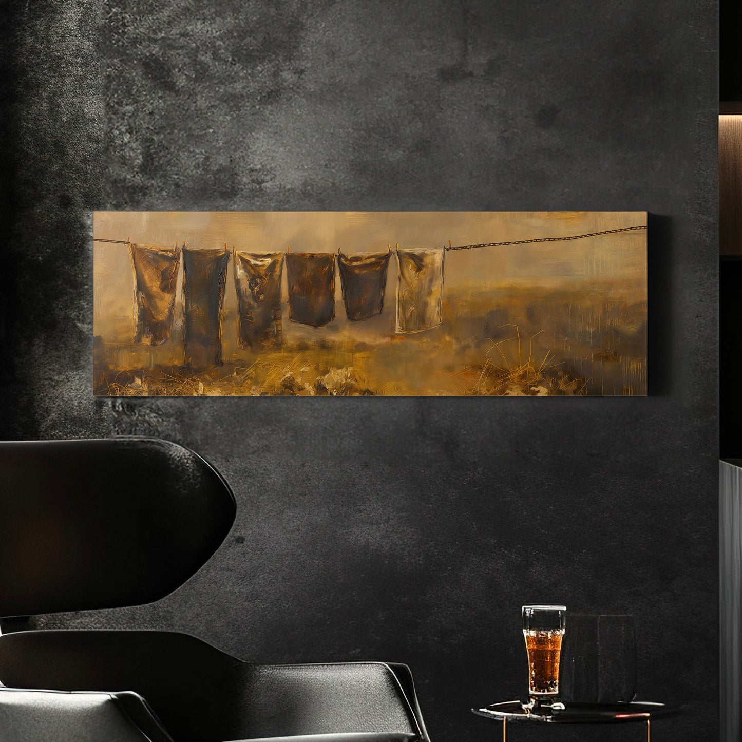 Hanging Clothes Above Bed Wall Art Countryside, Panoramic Farmhouse Canvas Print, Wheat Field Long Horizontal Canvas Art