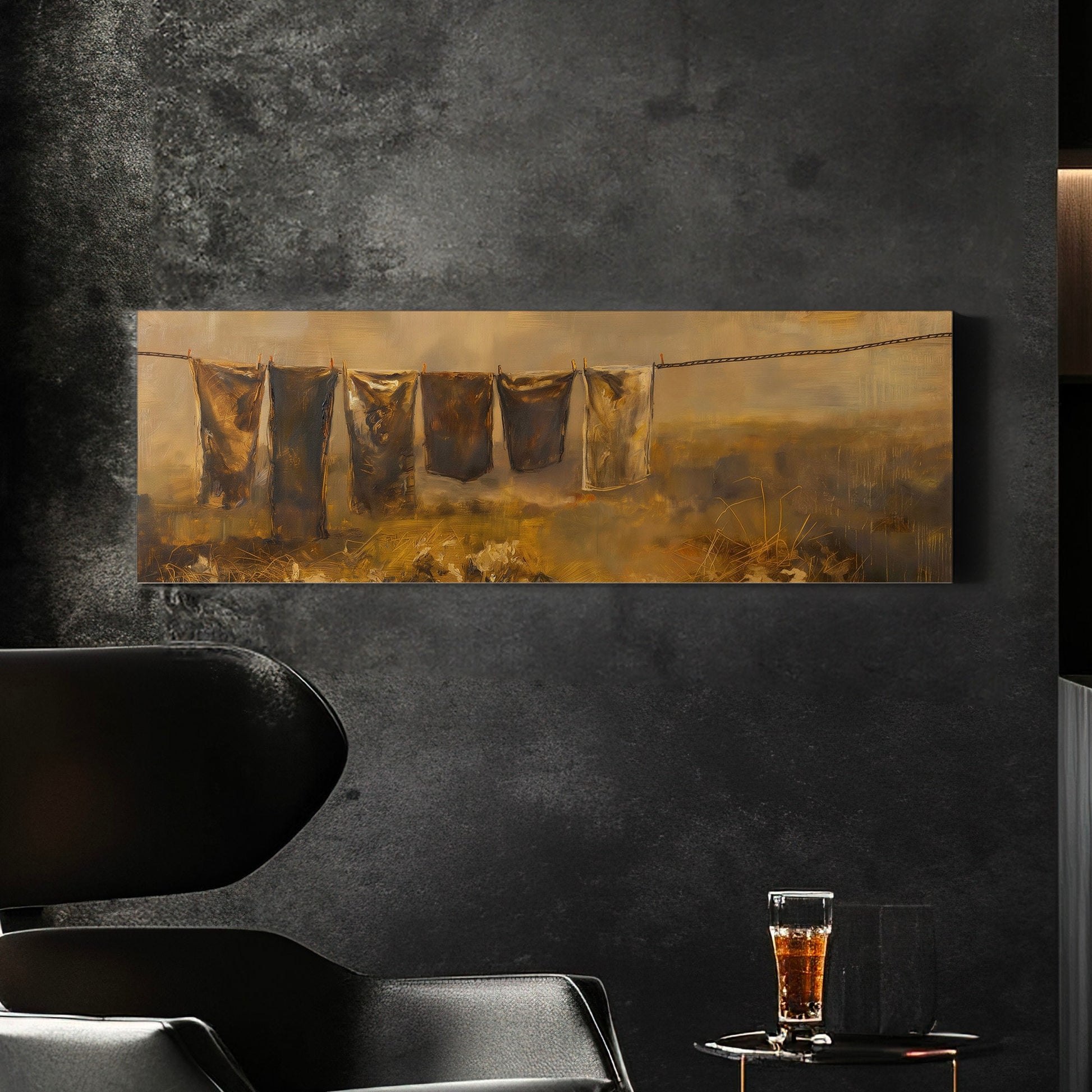 Hanging Clothes Above Bed Wall Art Countryside, Panoramic Farmhouse Canvas Print, Wheat Field Long Horizontal Canvas Art