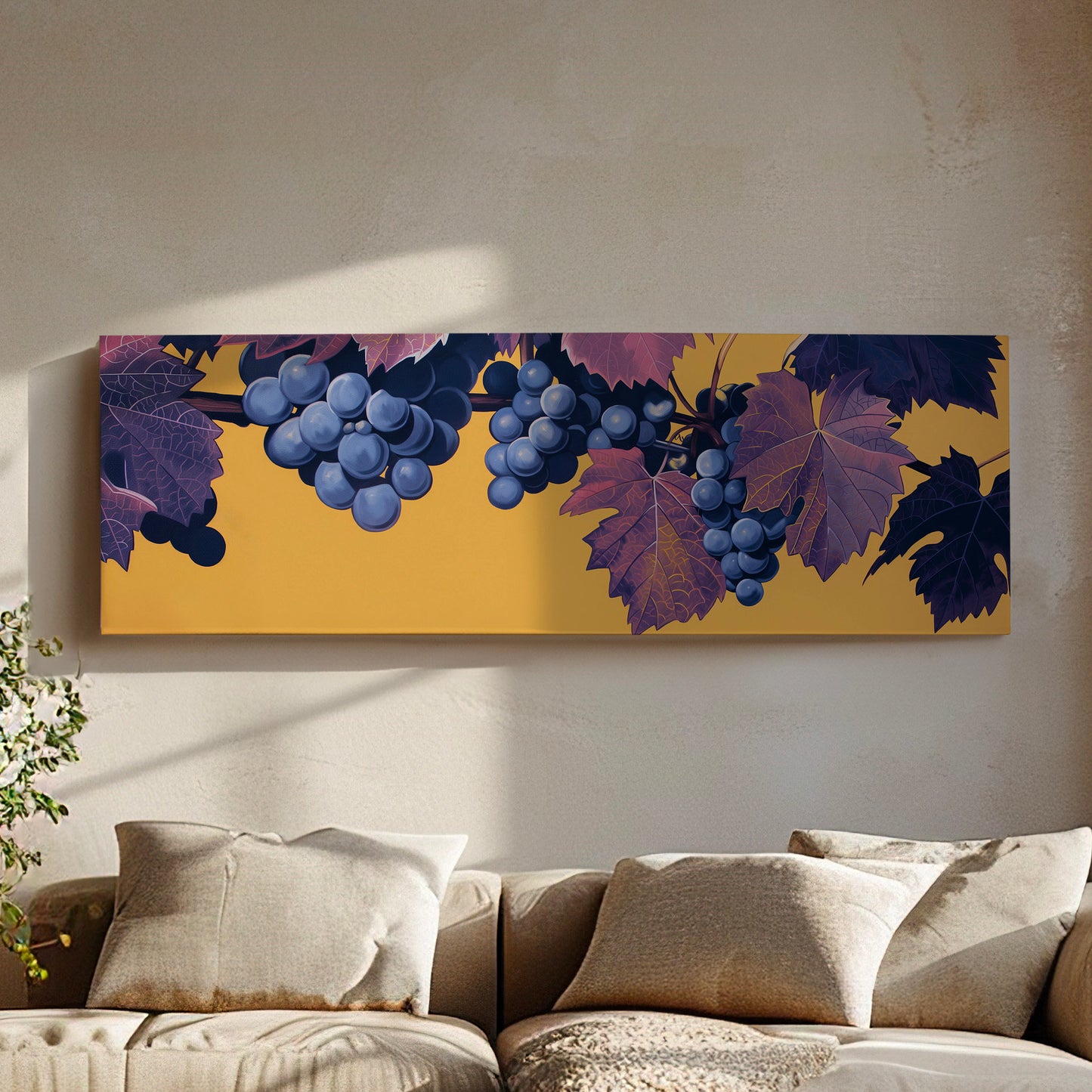 Grape Branch Above Bed Wall Art Minimal, Panoramic Wine Tasting Canvas Print, Vineyard Long Horizontal Canvas Art