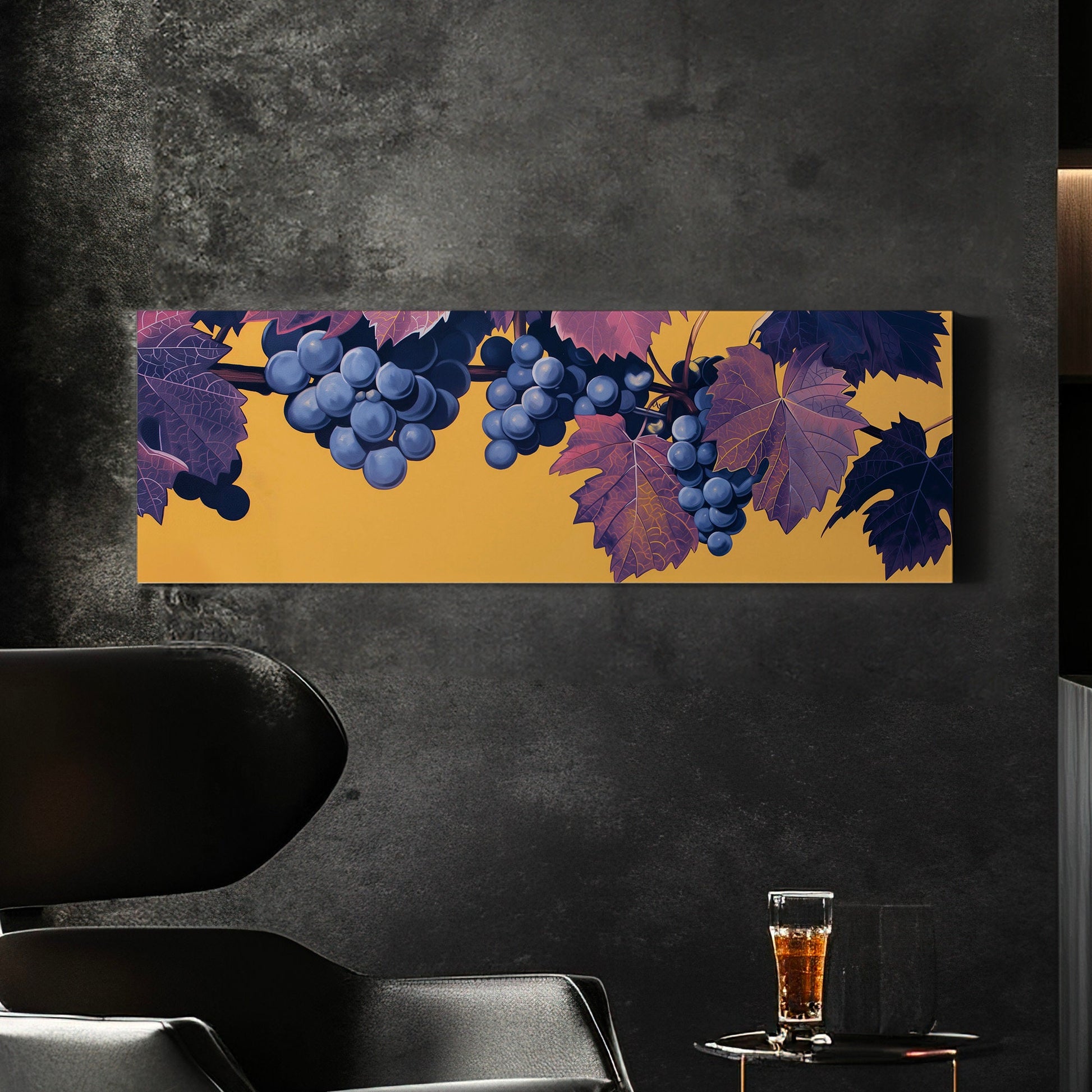 Grape Branch Above Bed Wall Art Minimal, Panoramic Wine Tasting Canvas Print, Vineyard Long Horizontal Canvas Art