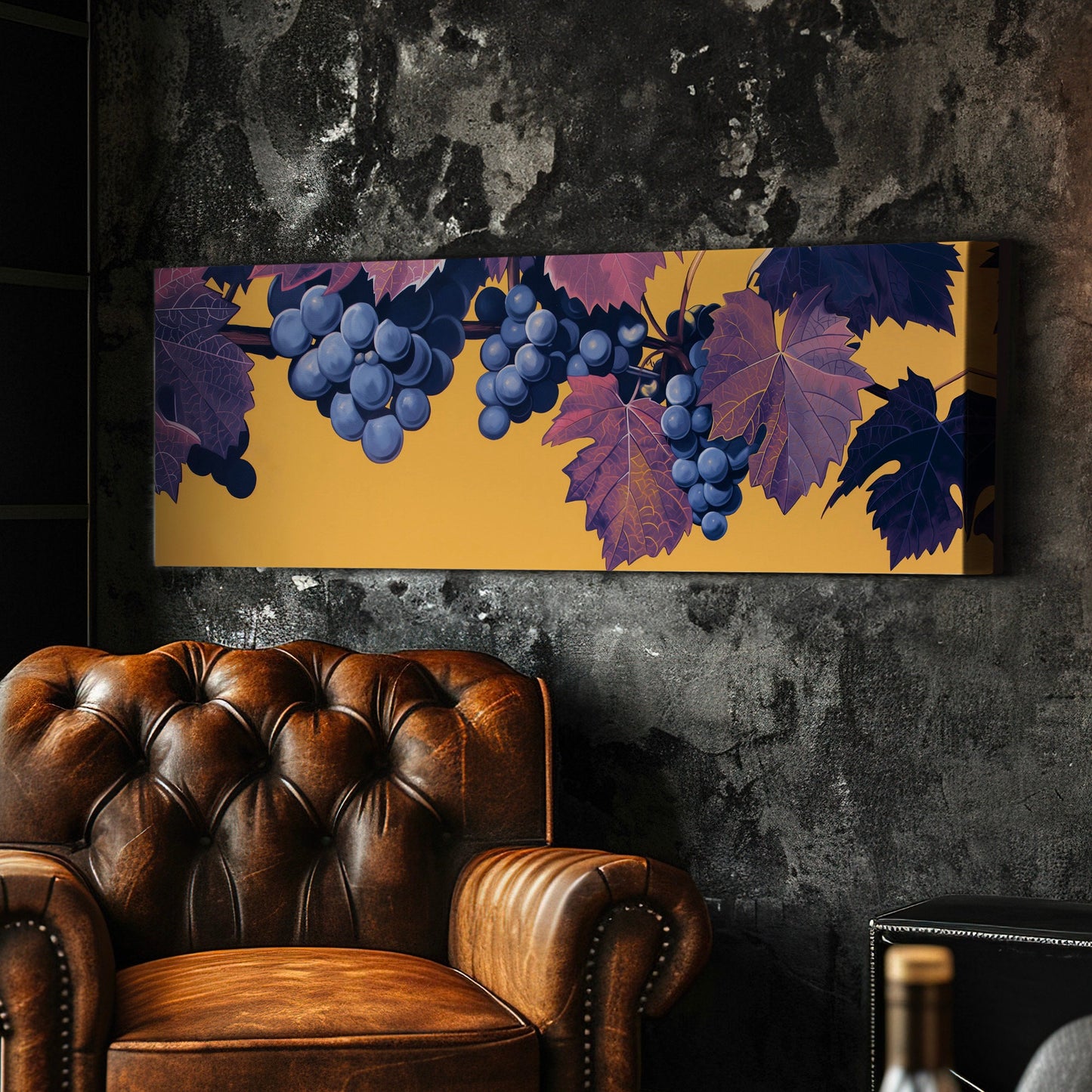 Grape Branch Above Bed Wall Art Minimal, Panoramic Wine Tasting Canvas Print, Vineyard Long Horizontal Canvas Art
