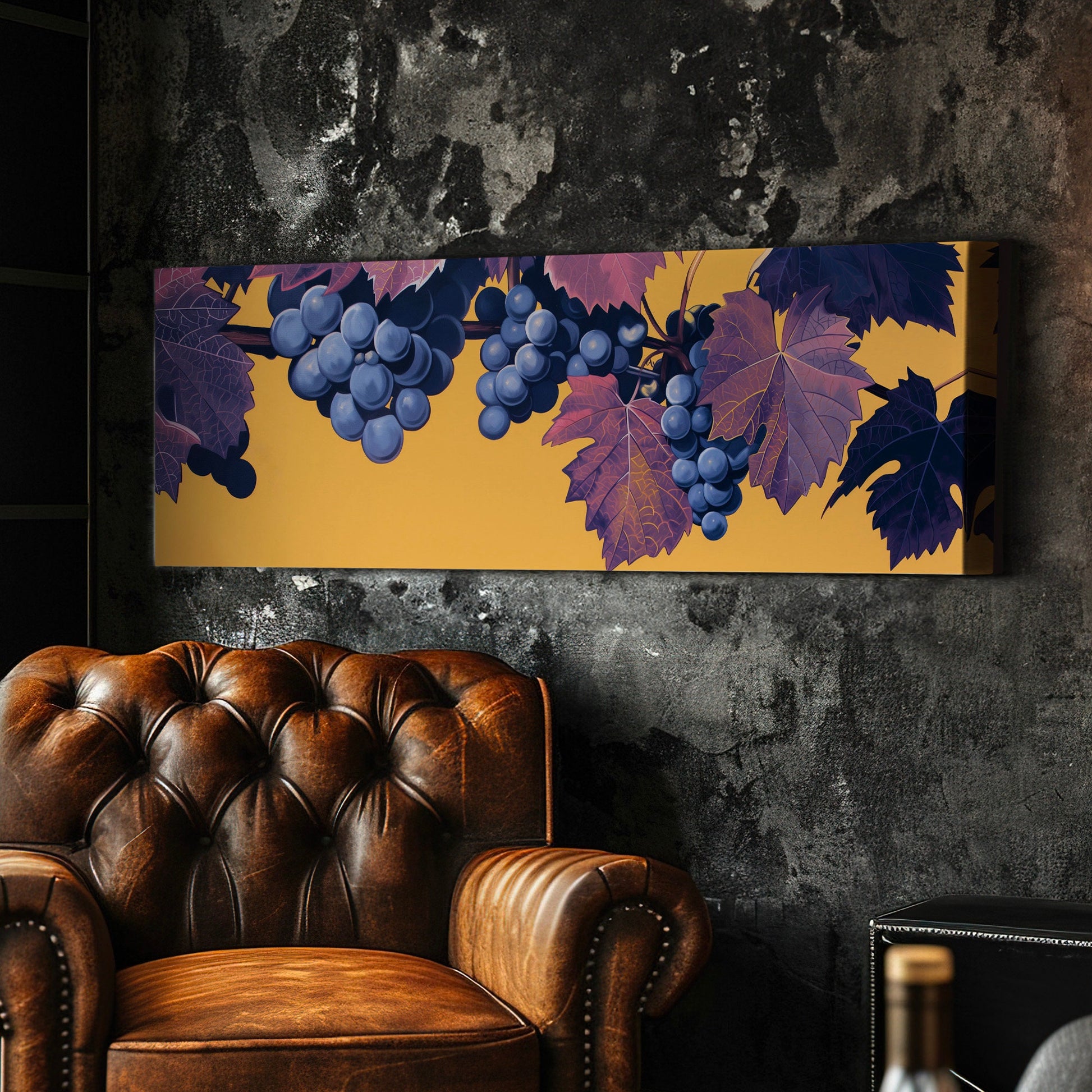 Grape Branch Above Bed Wall Art Minimal, Panoramic Wine Tasting Canvas Print, Vineyard Long Horizontal Canvas Art