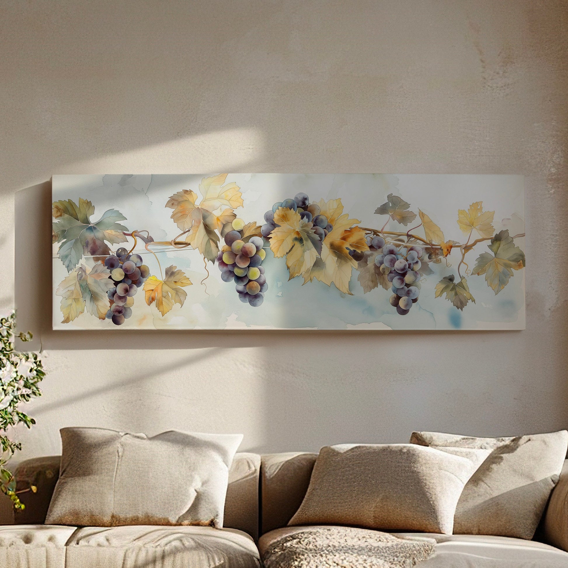 Grape Branch Above Bed Wall Art Countryside, Panoramic Wine Tasting Canvas Print, Vineyard Long Horizontal Canvas Art