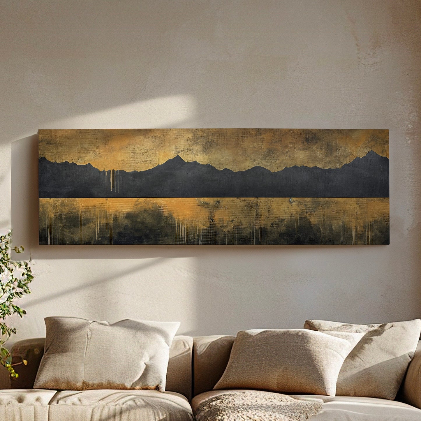 Golden Sunset By The Lake Above Bed Wall Art Mountain Landscape, Panoramic Abstract Canvas Print, Vintage Long Horizontal Canvas Art