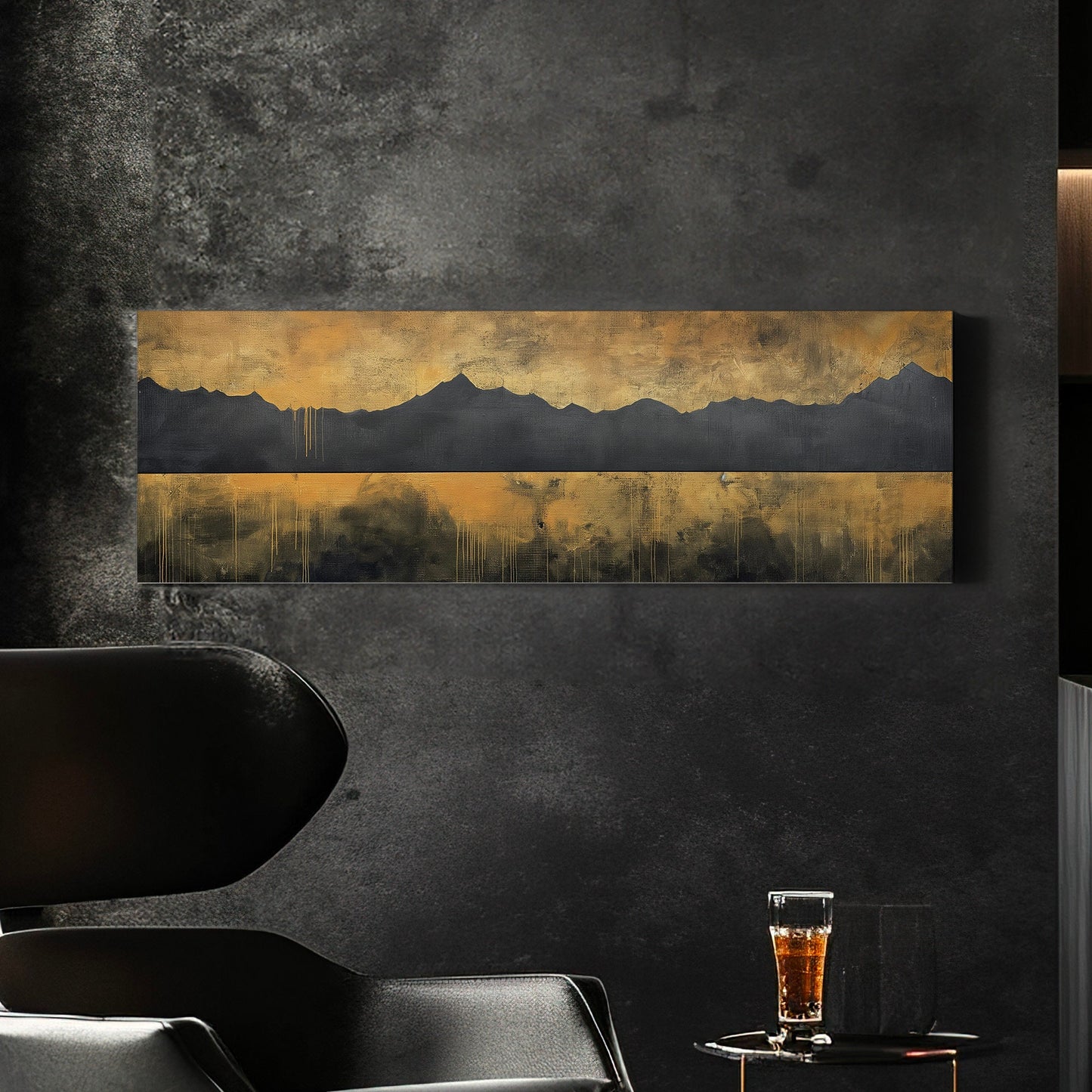 Golden Sunset By The Lake Above Bed Wall Art Mountain Landscape, Panoramic Abstract Canvas Print, Vintage Long Horizontal Canvas Art