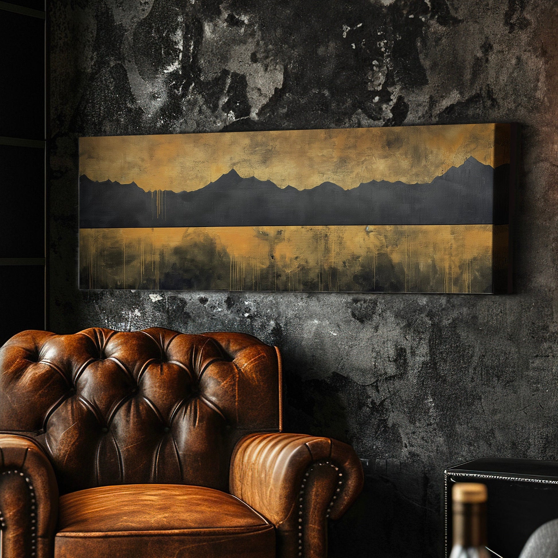 Golden Sunset By The Lake Above Bed Wall Art Mountain Landscape, Panoramic Abstract Canvas Print, Vintage Long Horizontal Canvas Art