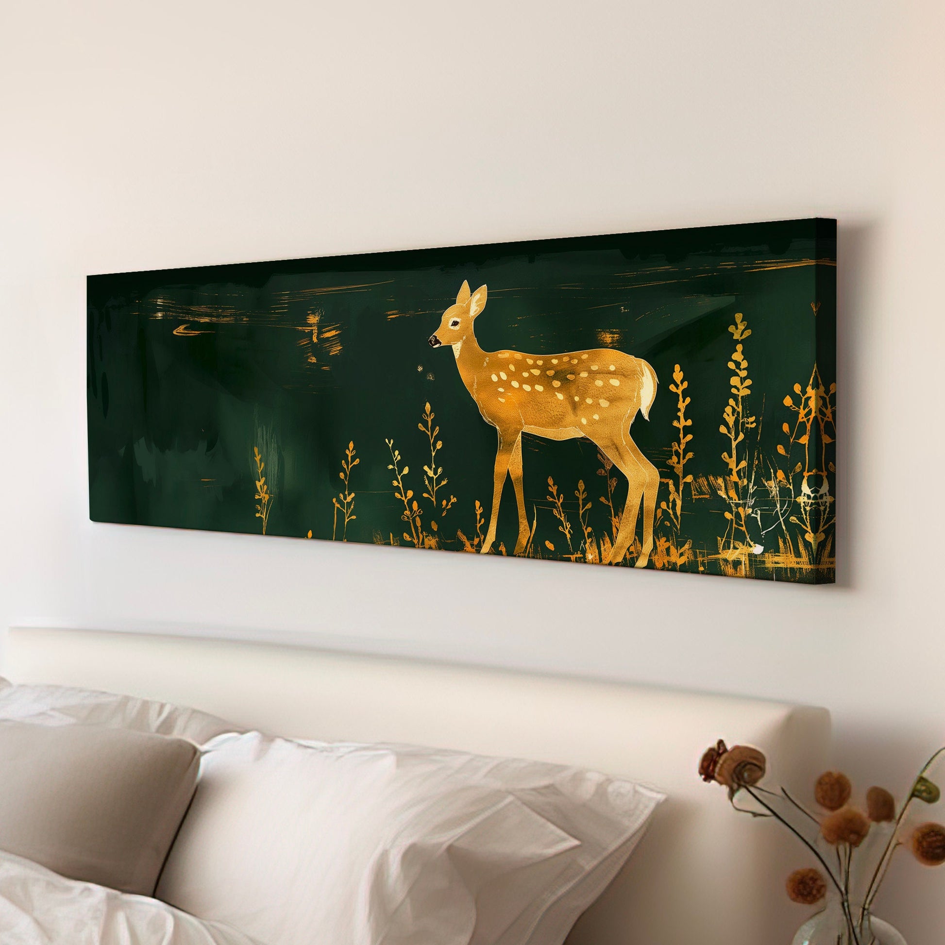 Gold And Green Deer Above Bed Wall Art Neutral, Panoramic Wildlife Canvas Print, Minimal Long Horizontal Canvas Art