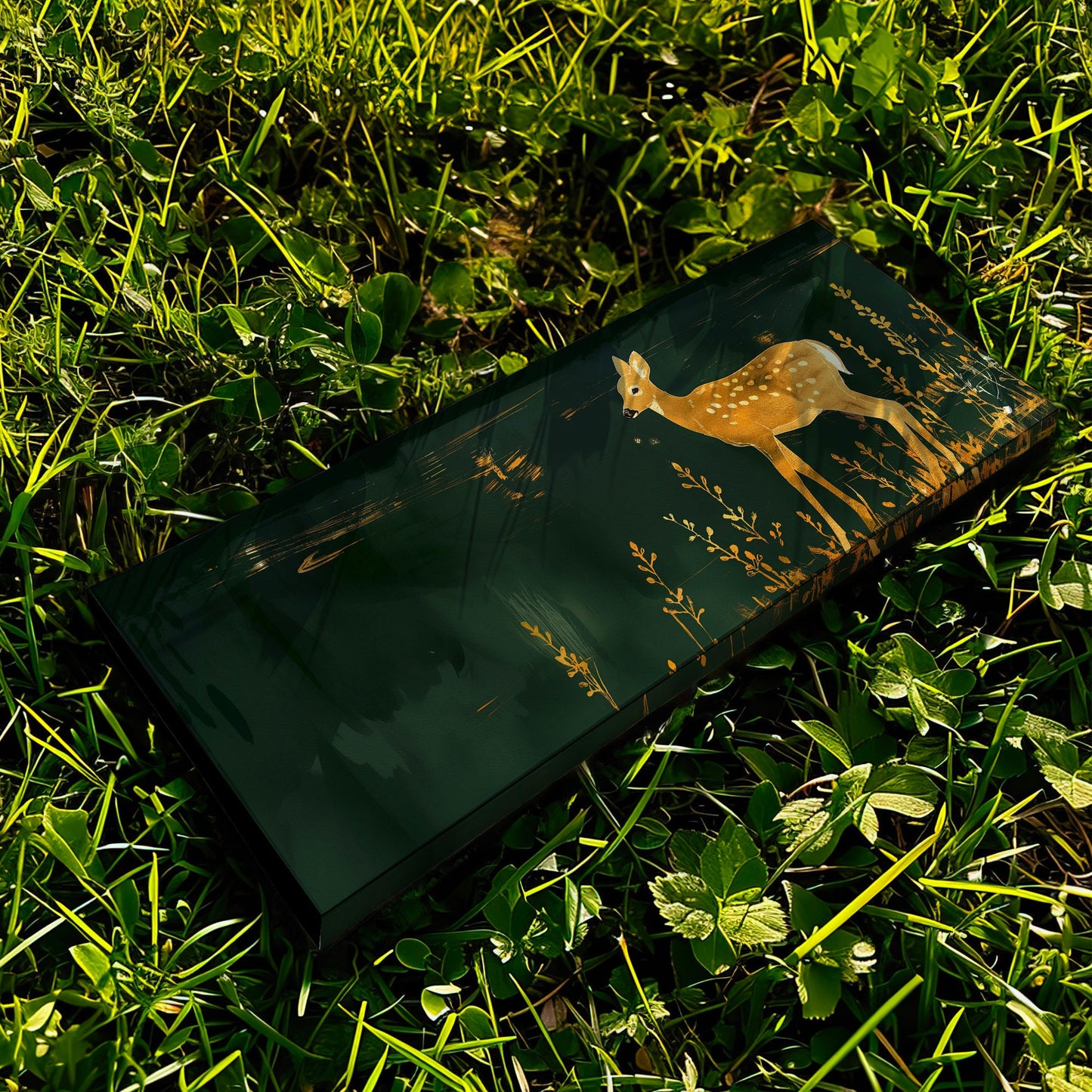 Gold And Green Deer Above Bed Wall Art Neutral, Panoramic Wildlife Canvas Print, Minimal Long Horizontal Canvas Art
