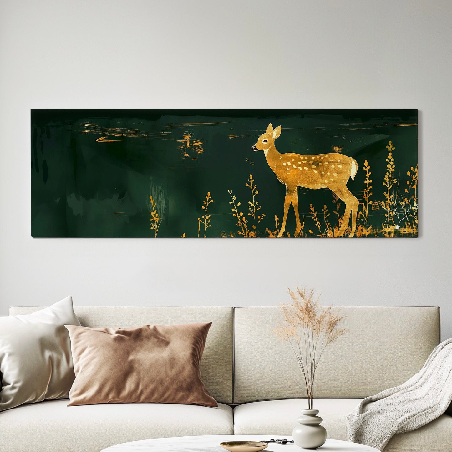 Gold And Green Deer Above Bed Wall Art Neutral, Panoramic Wildlife Canvas Print, Minimal Long Horizontal Canvas Art