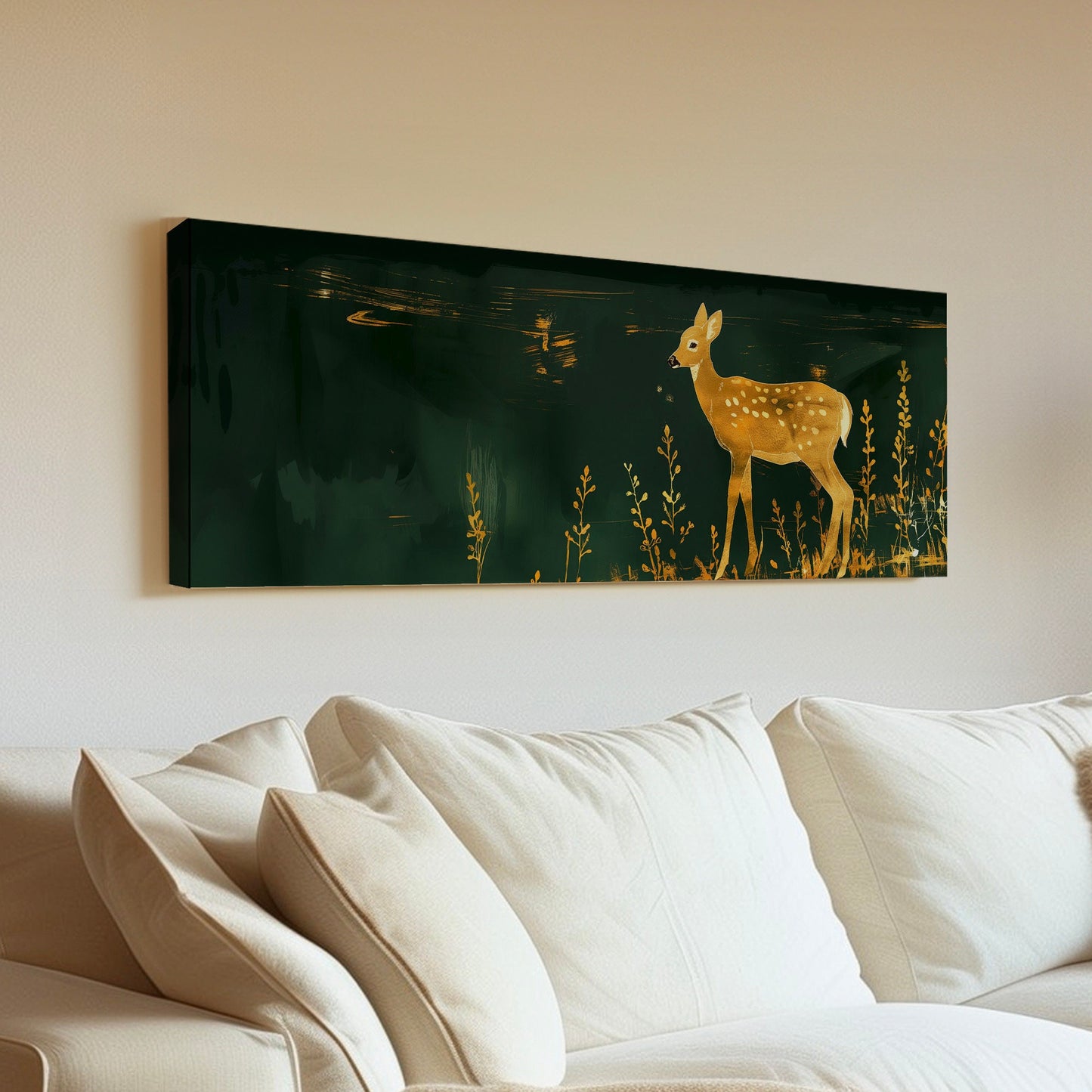 Gold And Green Deer Above Bed Wall Art Neutral, Panoramic Wildlife Canvas Print, Minimal Long Horizontal Canvas Art