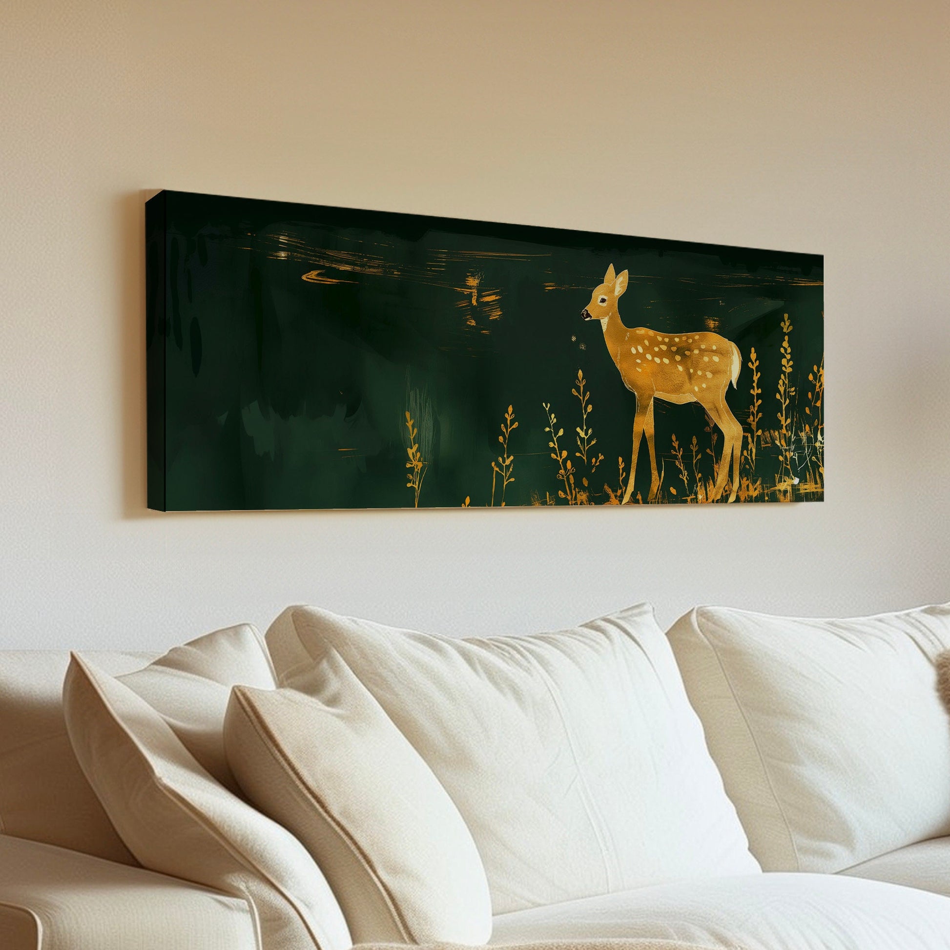 Gold And Green Deer Above Bed Wall Art Neutral, Panoramic Wildlife Canvas Print, Minimal Long Horizontal Canvas Art