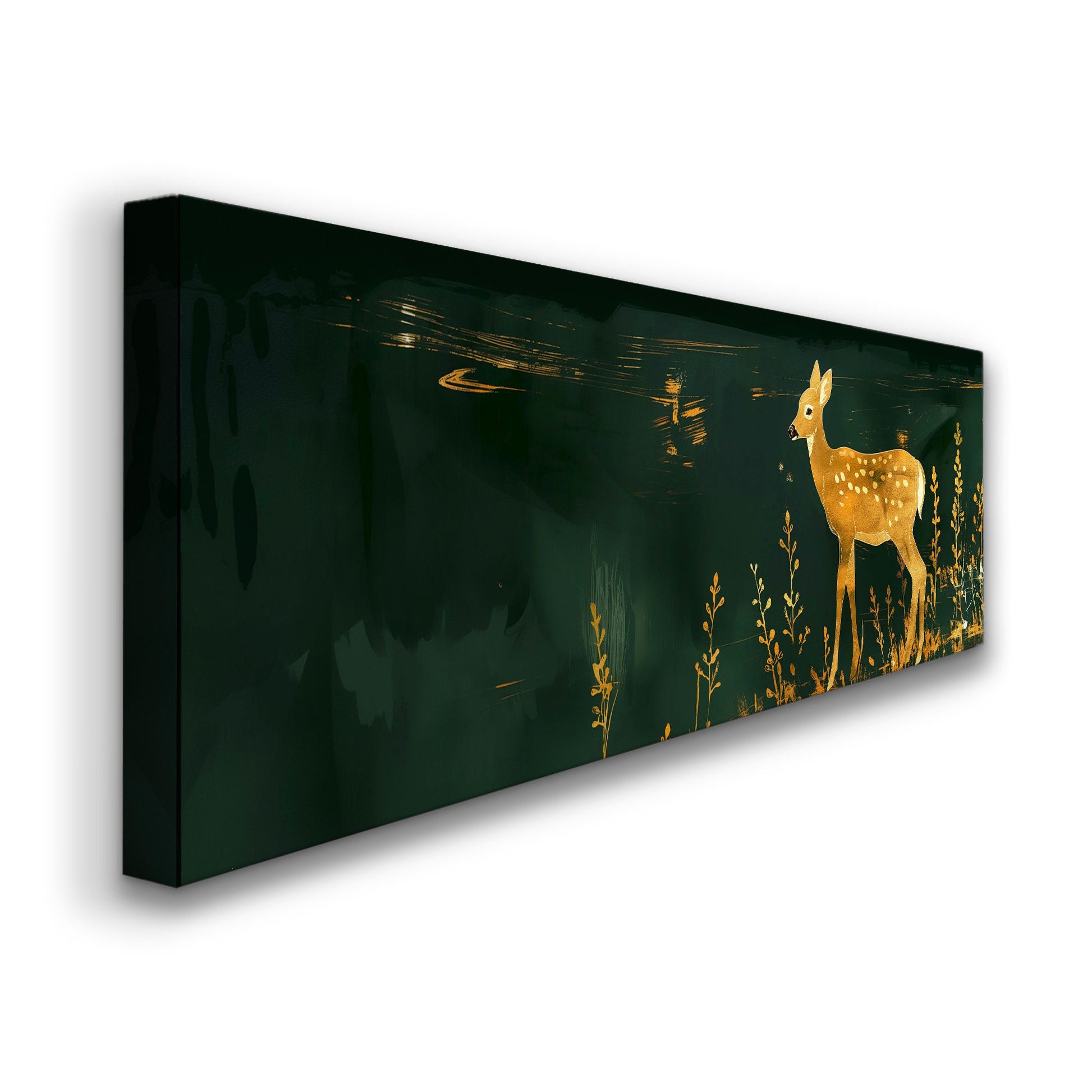 Gold And Green Deer Above Bed Wall Art Neutral, Panoramic Wildlife Canvas Print, Minimal Long Horizontal Canvas Art