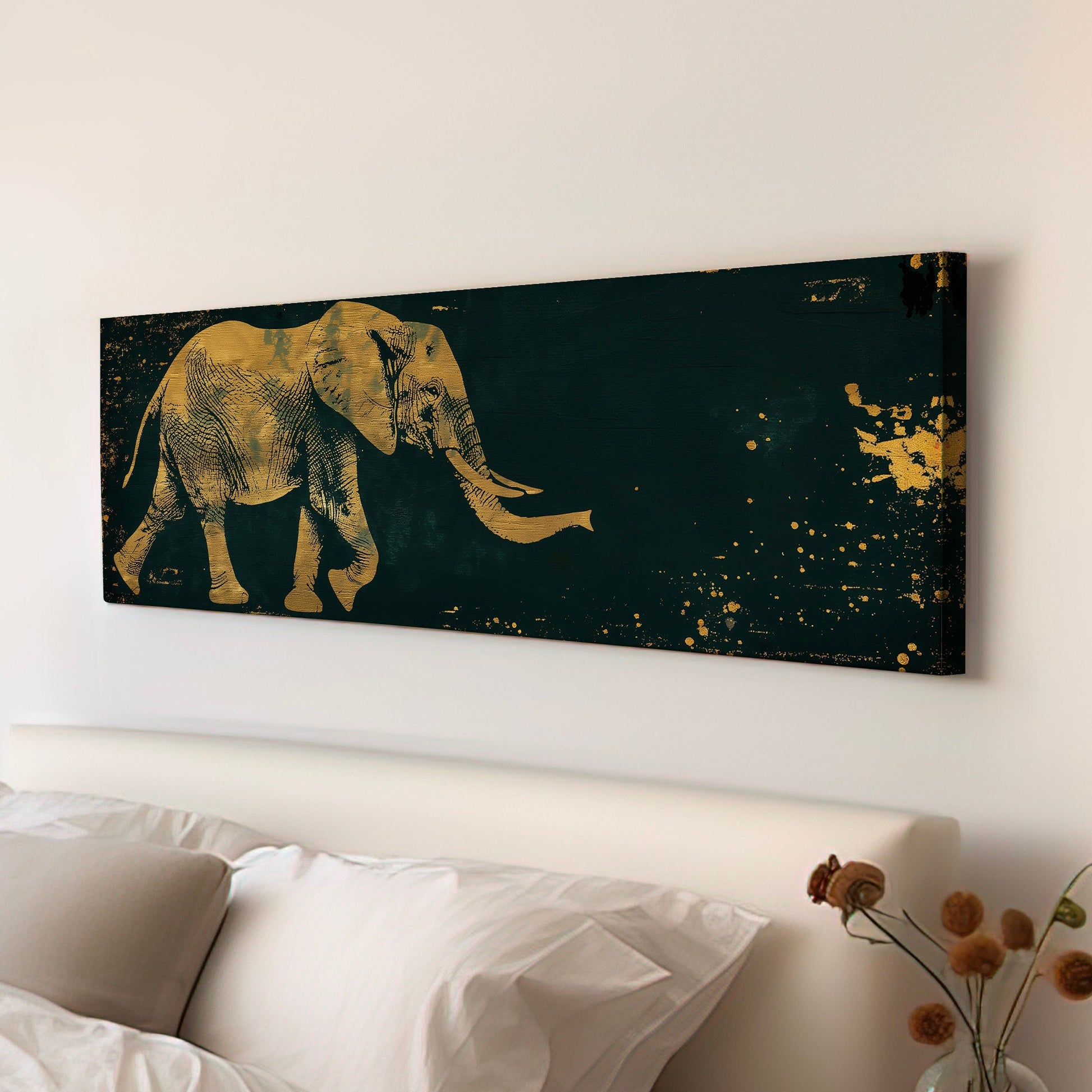 Gold And Green African Elephant Above Bed Wall Art African, Panoramic Wildlife Canvas Print, Safari Long Horizontal Canvas Art