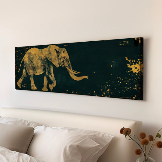 Gold And Green African Elephant Above Bed Wall Art African, Panoramic Wildlife Canvas Print, Safari Long Horizontal Canvas Art