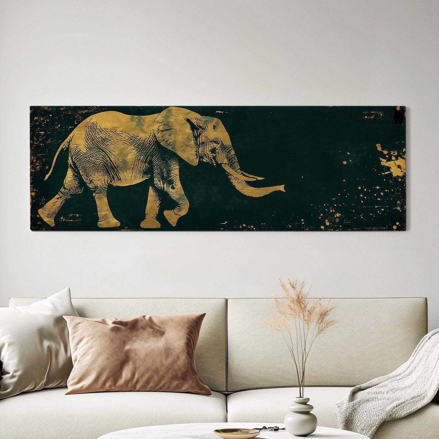 Gold And Green African Elephant Above Bed Wall Art African, Panoramic Wildlife Canvas Print, Safari Long Horizontal Canvas Art