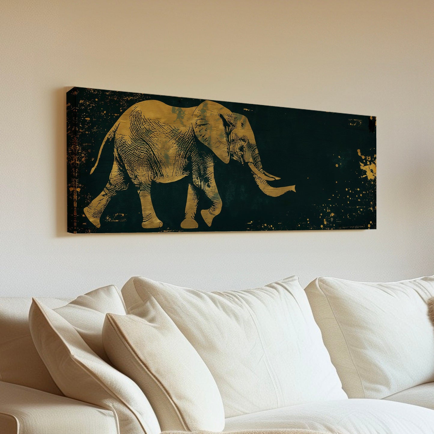 Gold And Green African Elephant Above Bed Wall Art African, Panoramic Wildlife Canvas Print, Safari Long Horizontal Canvas Art