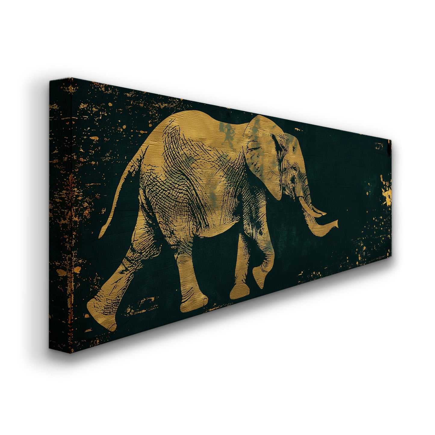 Gold And Green African Elephant Above Bed Wall Art African, Panoramic Wildlife Canvas Print, Safari Long Horizontal Canvas Art