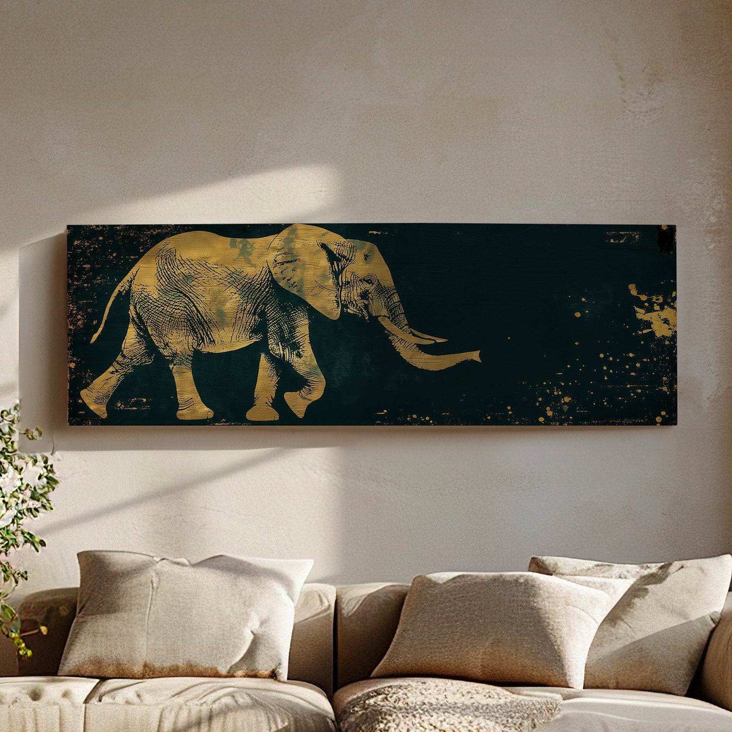 Gold And Green African Elephant Above Bed Wall Art African, Panoramic Wildlife Canvas Print, Safari Long Horizontal Canvas Art