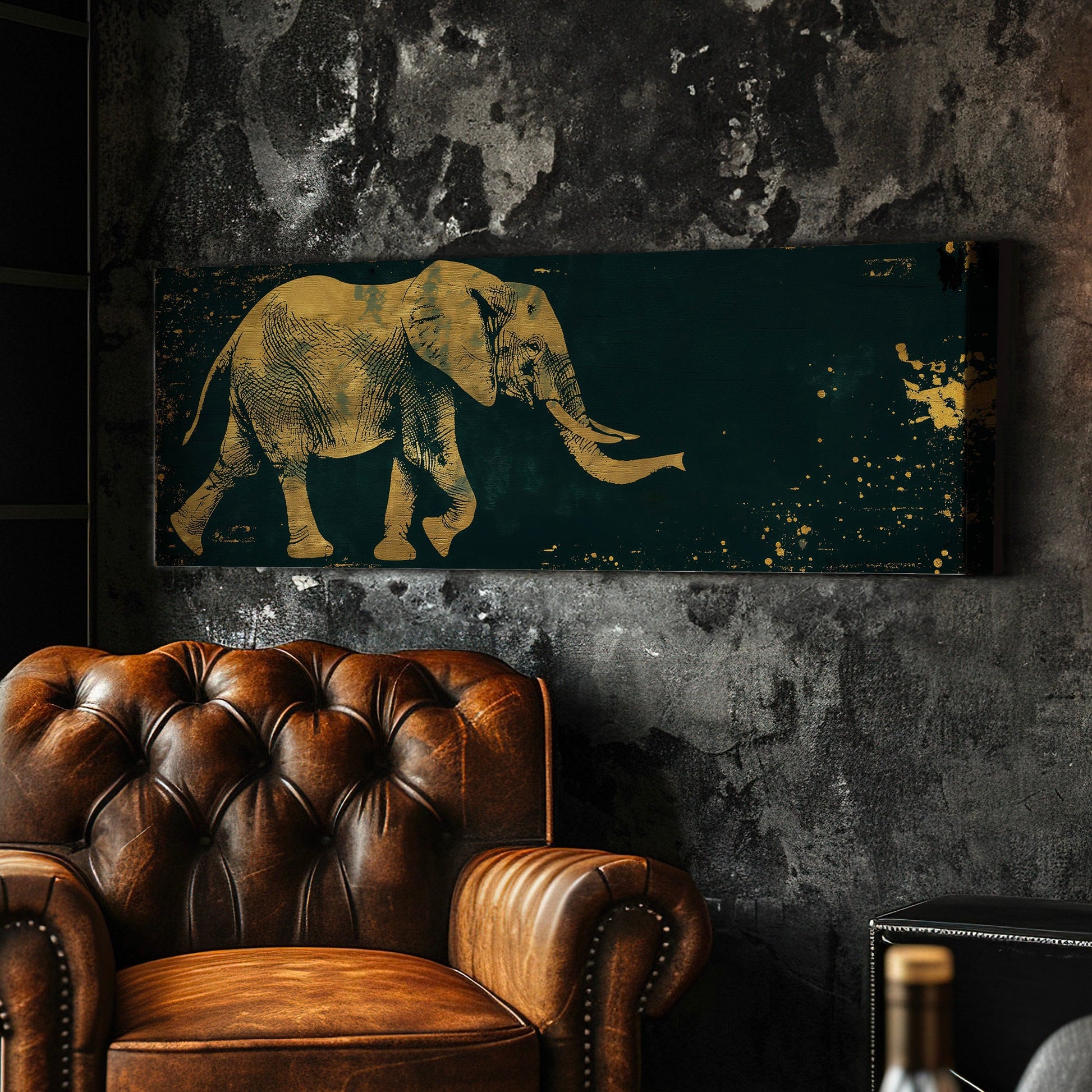 Gold And Green African Elephant Above Bed Wall Art African, Panoramic Wildlife Canvas Print, Safari Long Horizontal Canvas Art