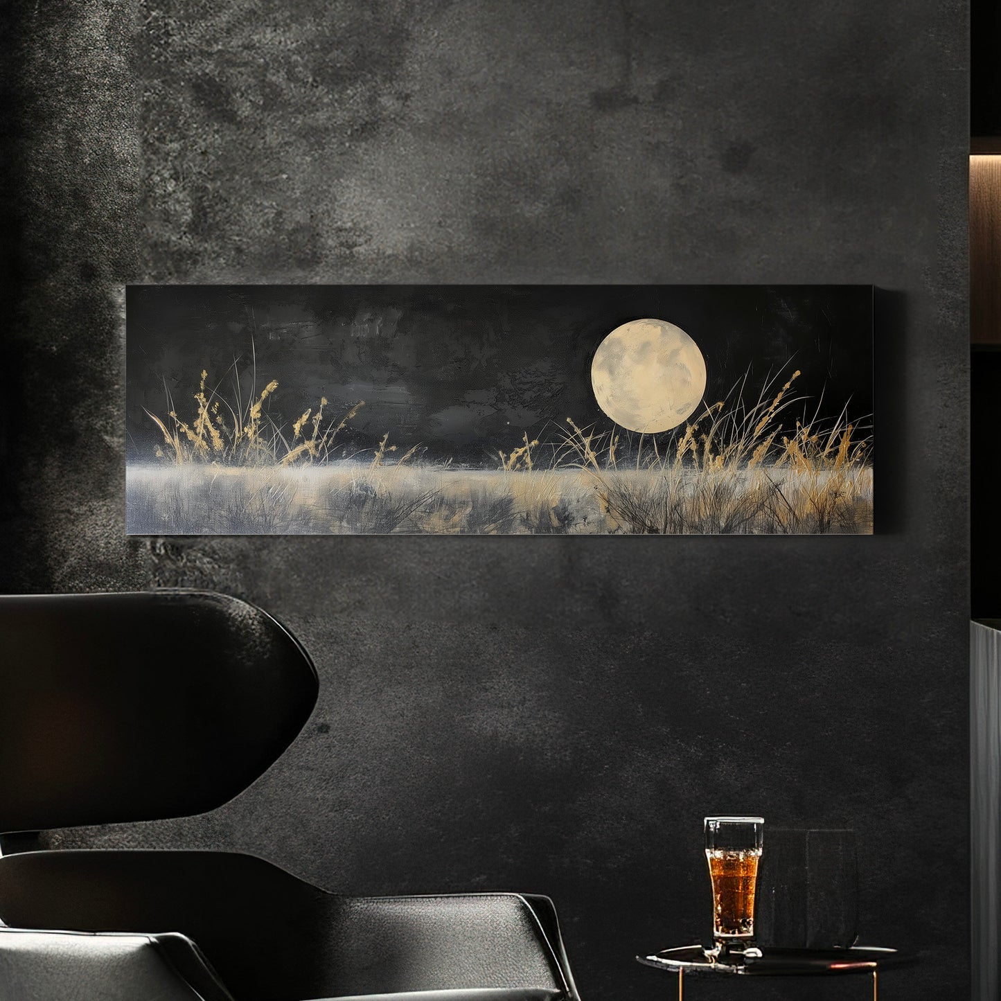 Full Moon above the Wildflower Field Above Bed Wall Art Midnight, Panoramic Nature Canvas Print, Gold and Black Long Horizontal Canvas Art