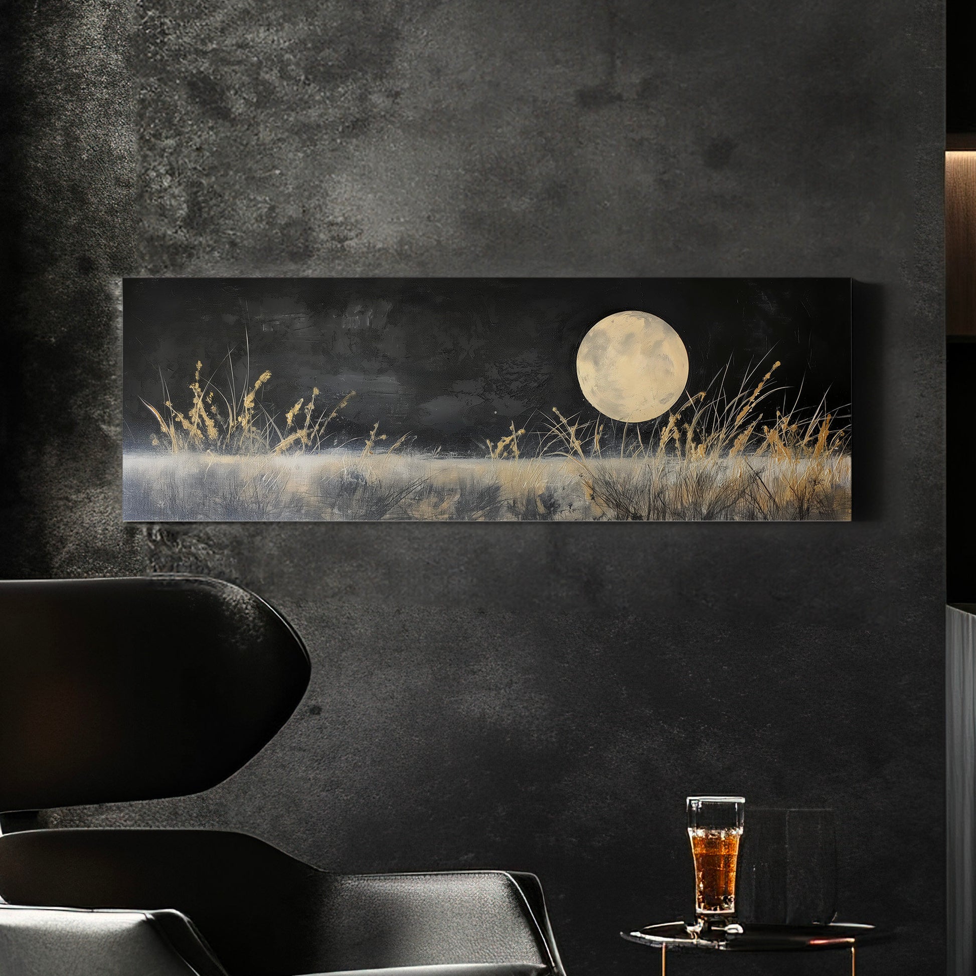 Full Moon above the Wildflower Field Above Bed Wall Art Midnight, Panoramic Nature Canvas Print, Gold and Black Long Horizontal Canvas Art