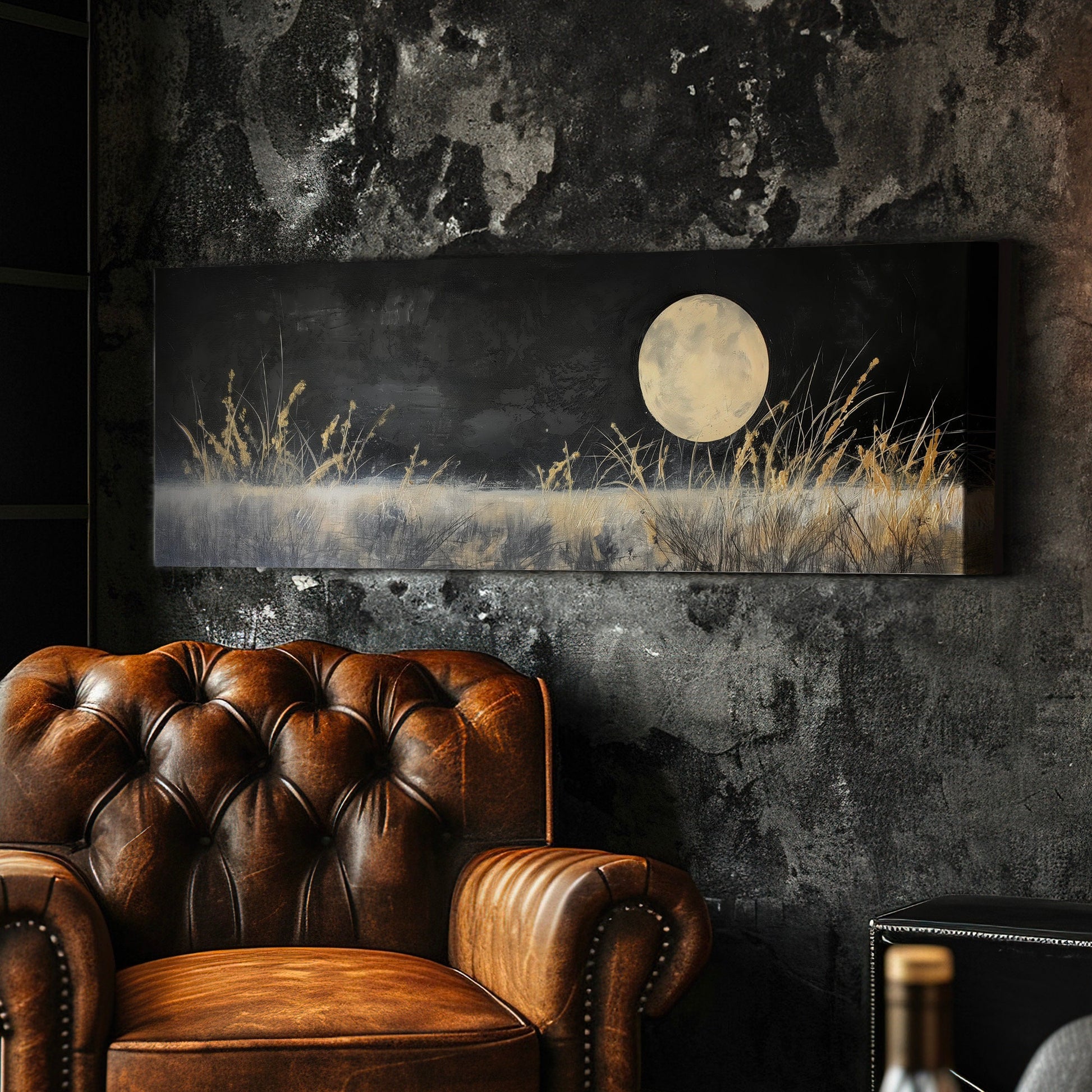 Full Moon above the Wildflower Field Above Bed Wall Art Midnight, Panoramic Nature Canvas Print, Gold and Black Long Horizontal Canvas Art