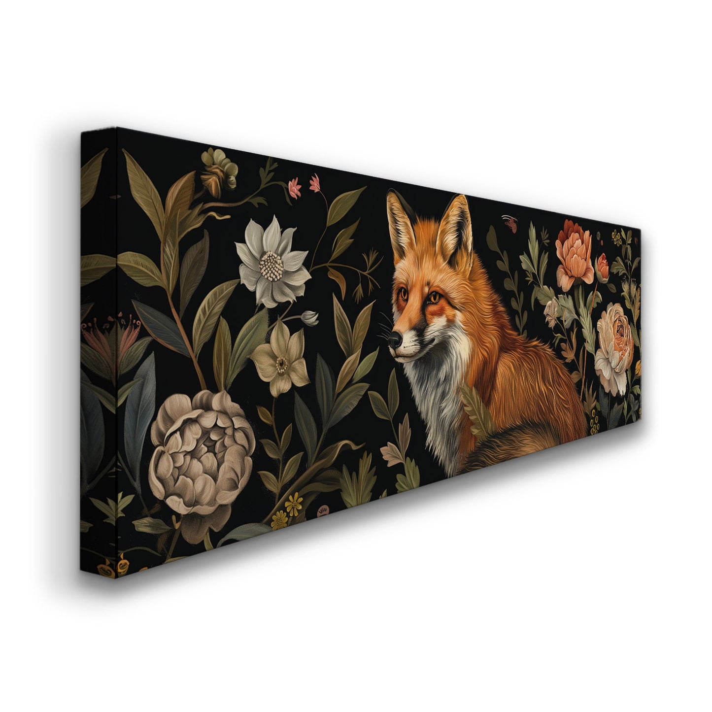 Fox In The Forest Above Bed Wall Art Wildlife, Panoramic Floral Canvas Print, Renaissance Long Horizontal Canvas Art