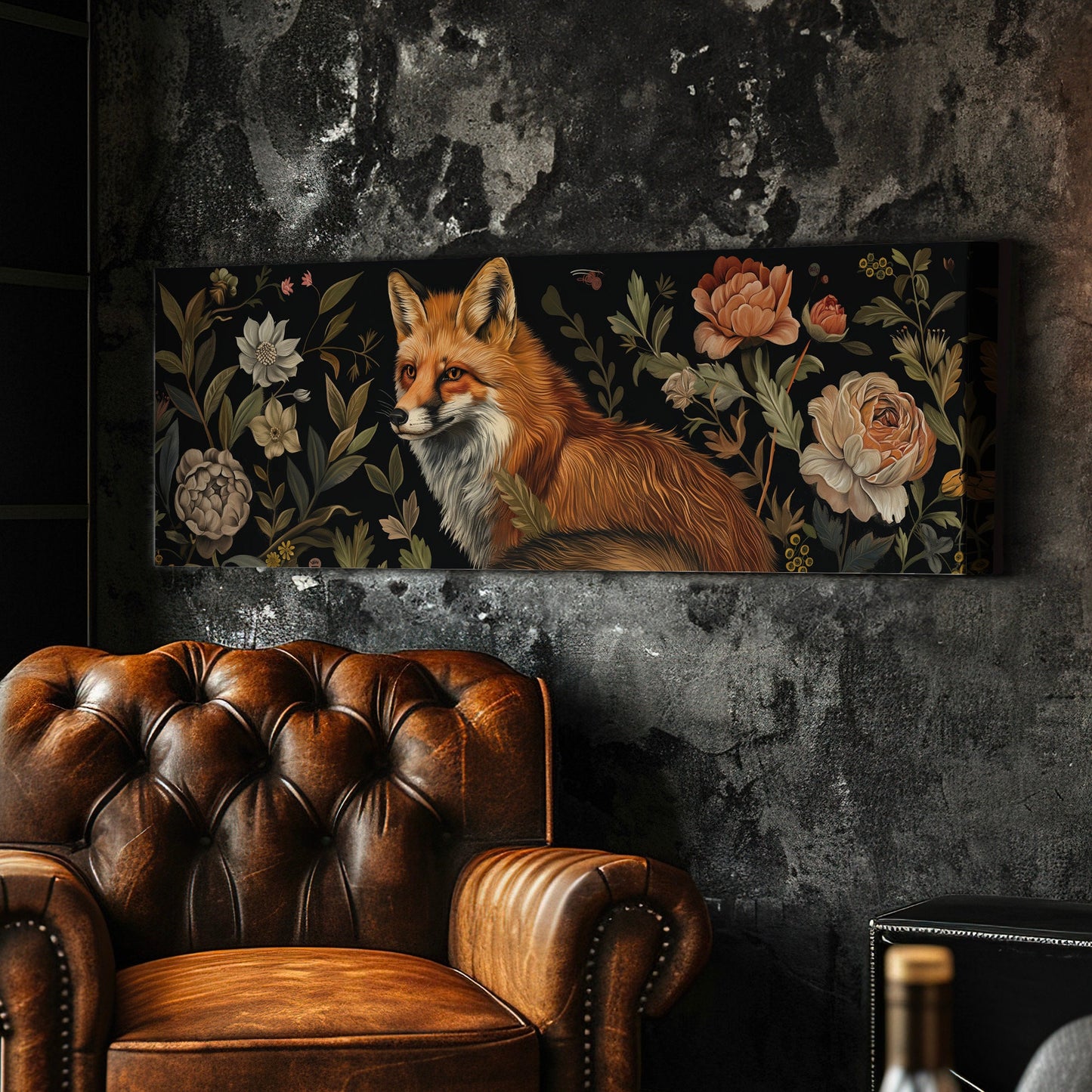 Fox In The Forest Above Bed Wall Art Wildlife, Panoramic Floral Canvas Print, Renaissance Long Horizontal Canvas Art