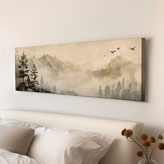 Forest Life Above Bed Wall Art Spring Meadow, Panoramic Mountain Landscape Canvas Print, Vintage Long Horizontal Canvas Art