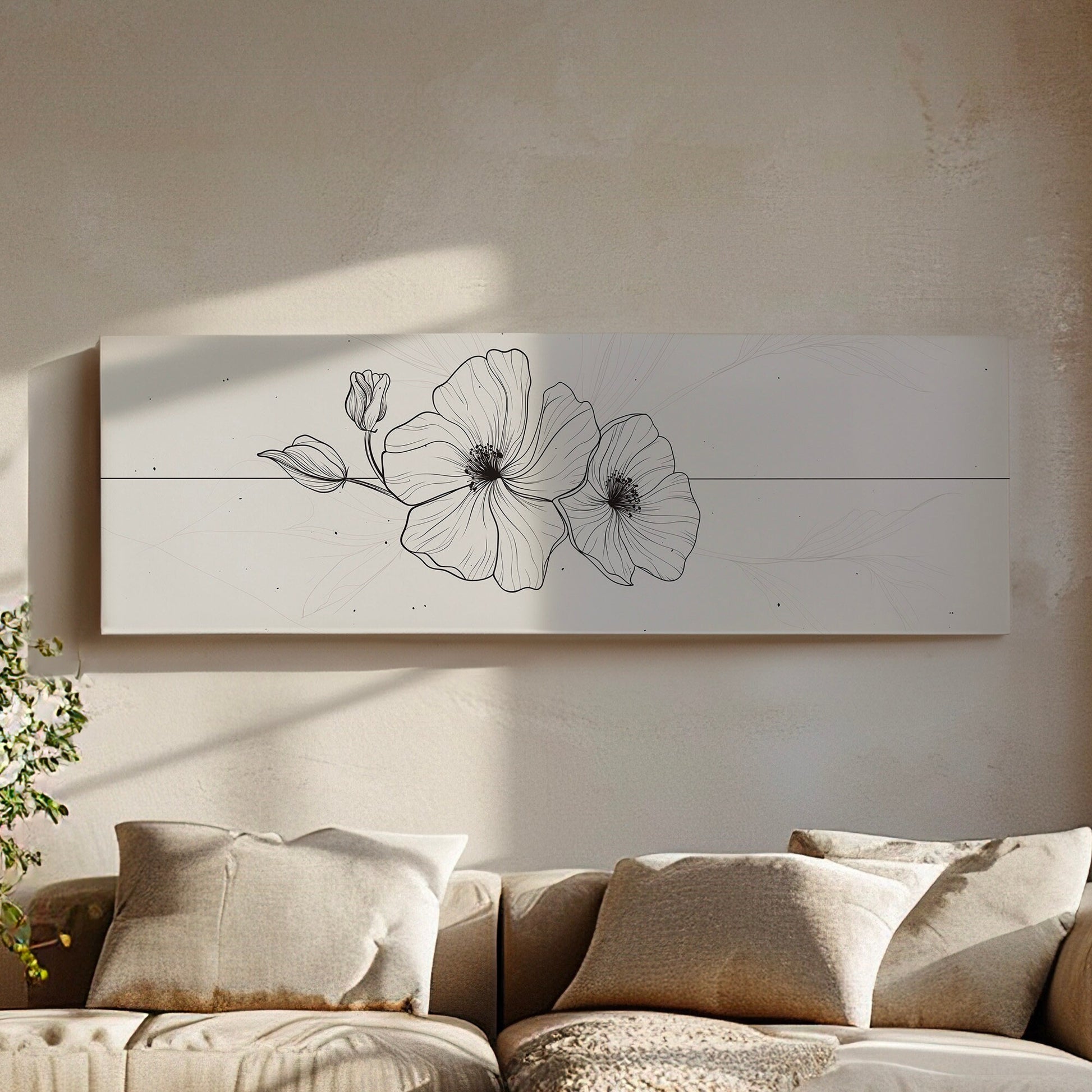 Folral Line Art Above Bed Wall Art Illustration, Panoramic Minimal Canvas Print, Flower Long Horizontal Canvas Art