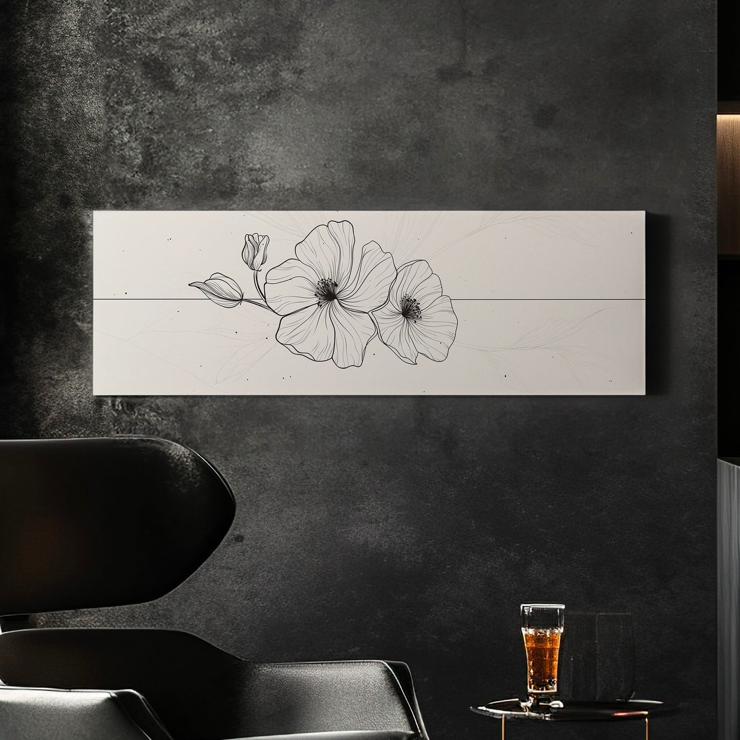 Folral Line Art Above Bed Wall Art Illustration, Panoramic Minimal Canvas Print, Flower Long Horizontal Canvas Art
