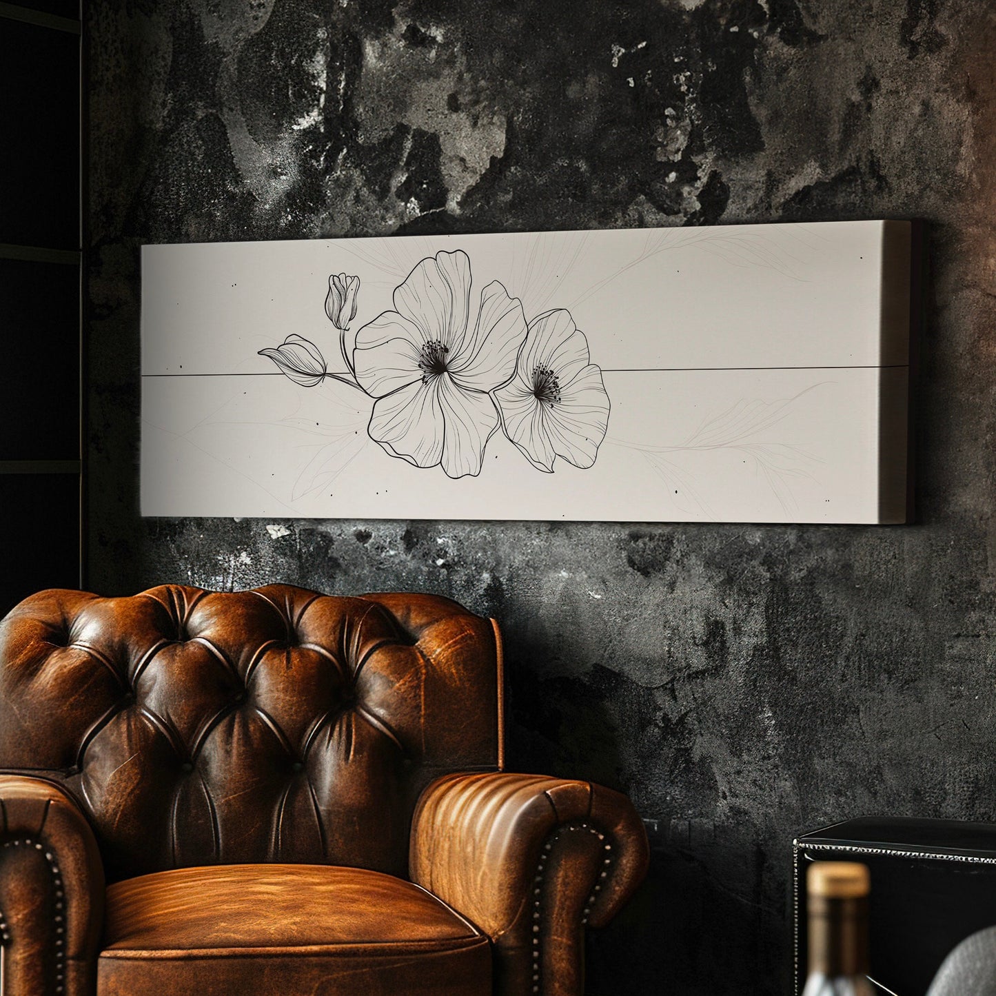 Folral Line Art Above Bed Wall Art Illustration, Panoramic Minimal Canvas Print, Flower Long Horizontal Canvas Art