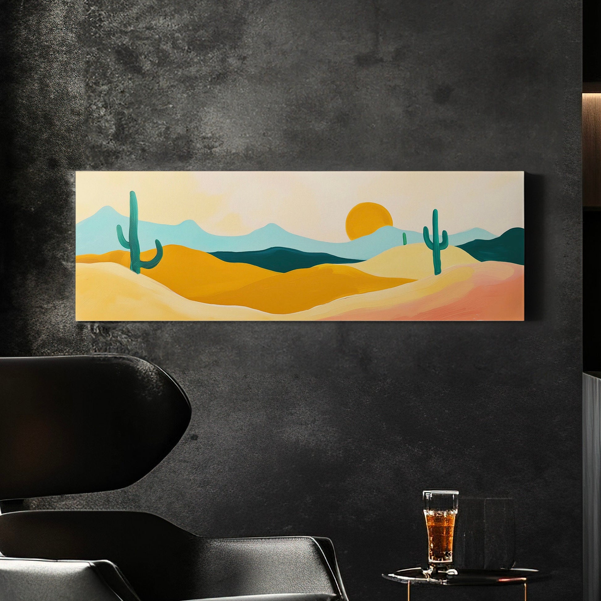 Abstract Cactus Above Bed Wall Art Southwestern, Panoramic Cowboy Canvas Print, Landscape Long Horizontal Canvas Art