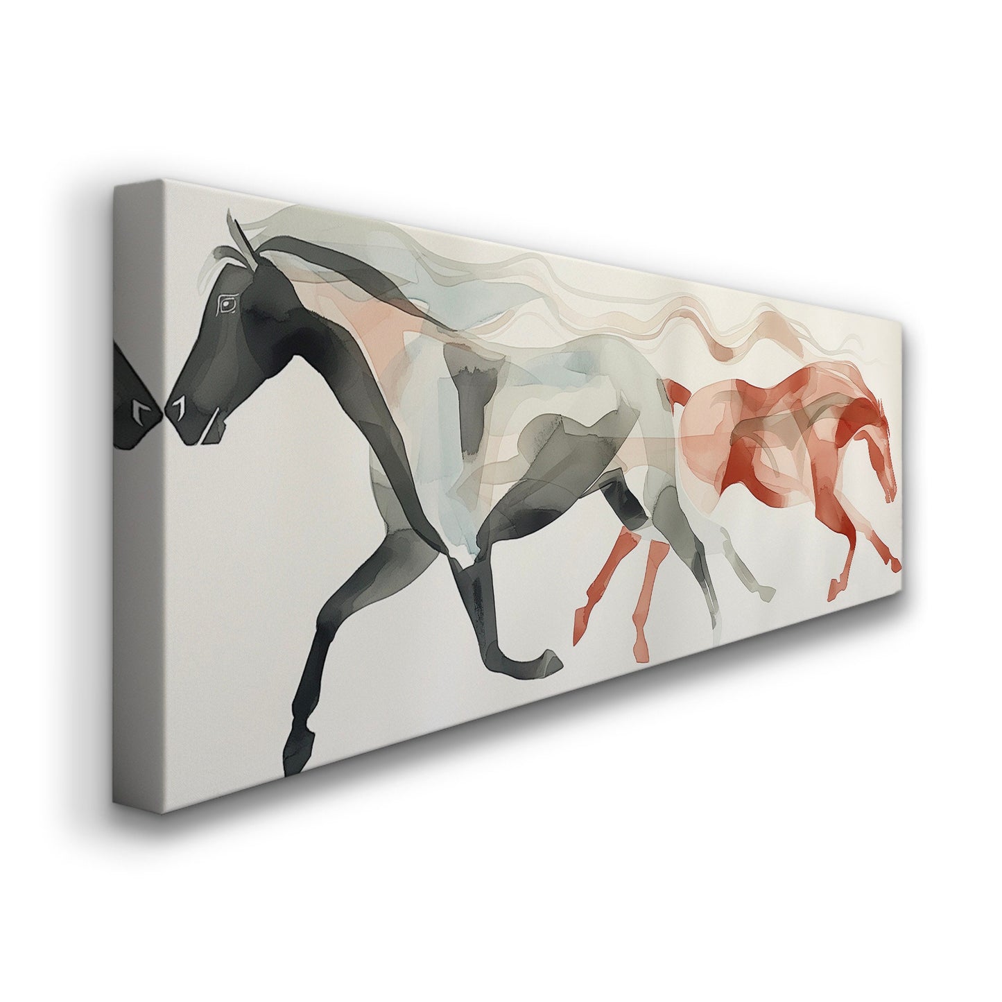 Abstract Twin Horses Above Bed Wall Art Modern, Panoramic Minimal Canvas Print, Farmhouse Long Horizontal Canvas Art