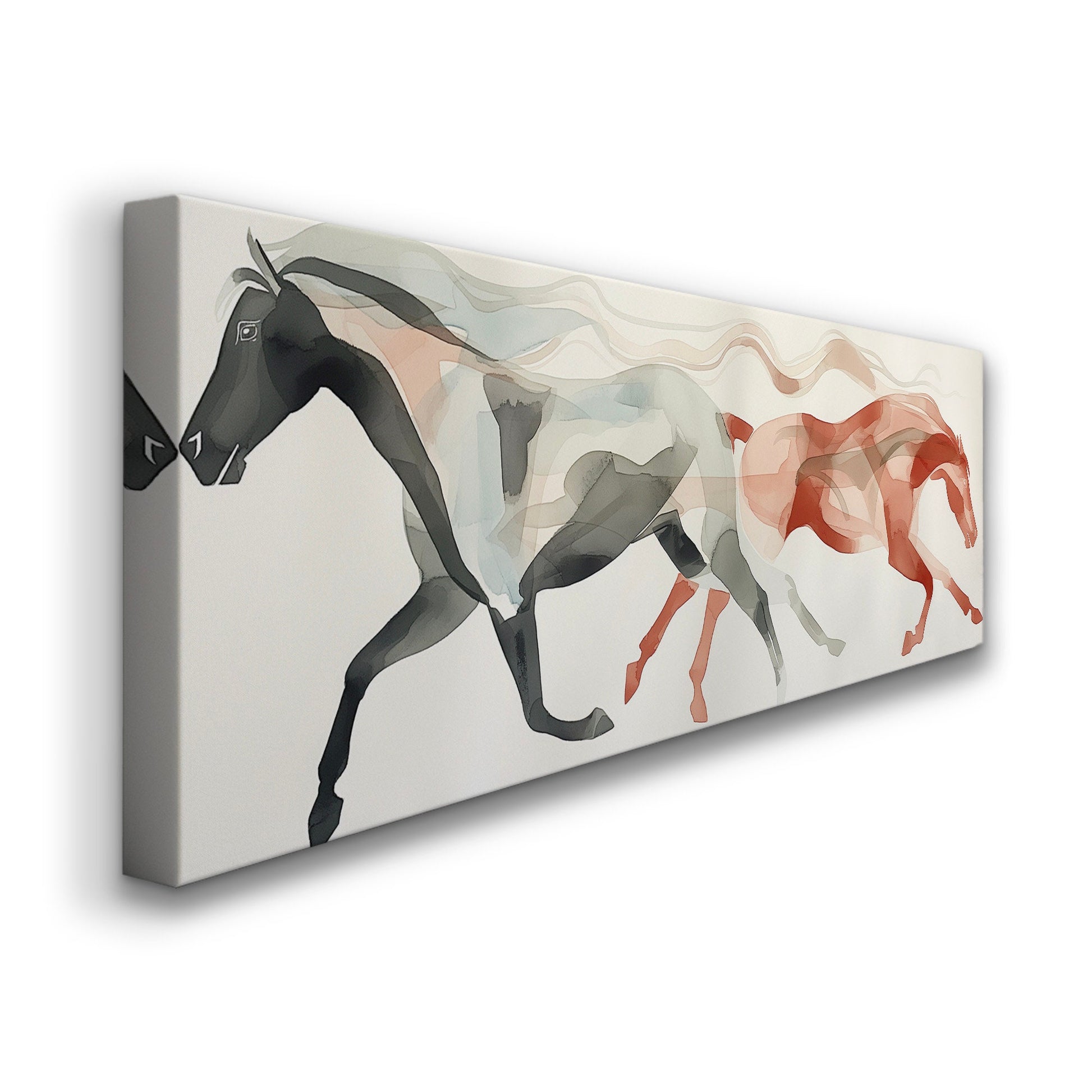 Abstract Twin Horses Above Bed Wall Art Modern, Panoramic Minimal Canvas Print, Farmhouse Long Horizontal Canvas Art