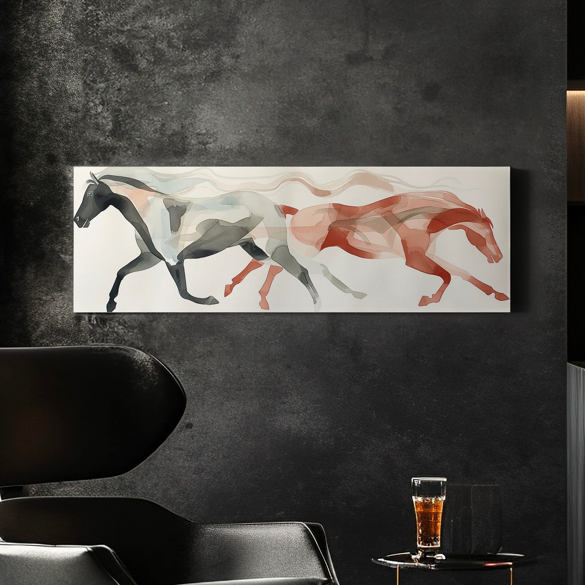 Abstract Twin Horses Above Bed Wall Art Modern, Panoramic Minimal Canvas Print, Farmhouse Long Horizontal Canvas Art