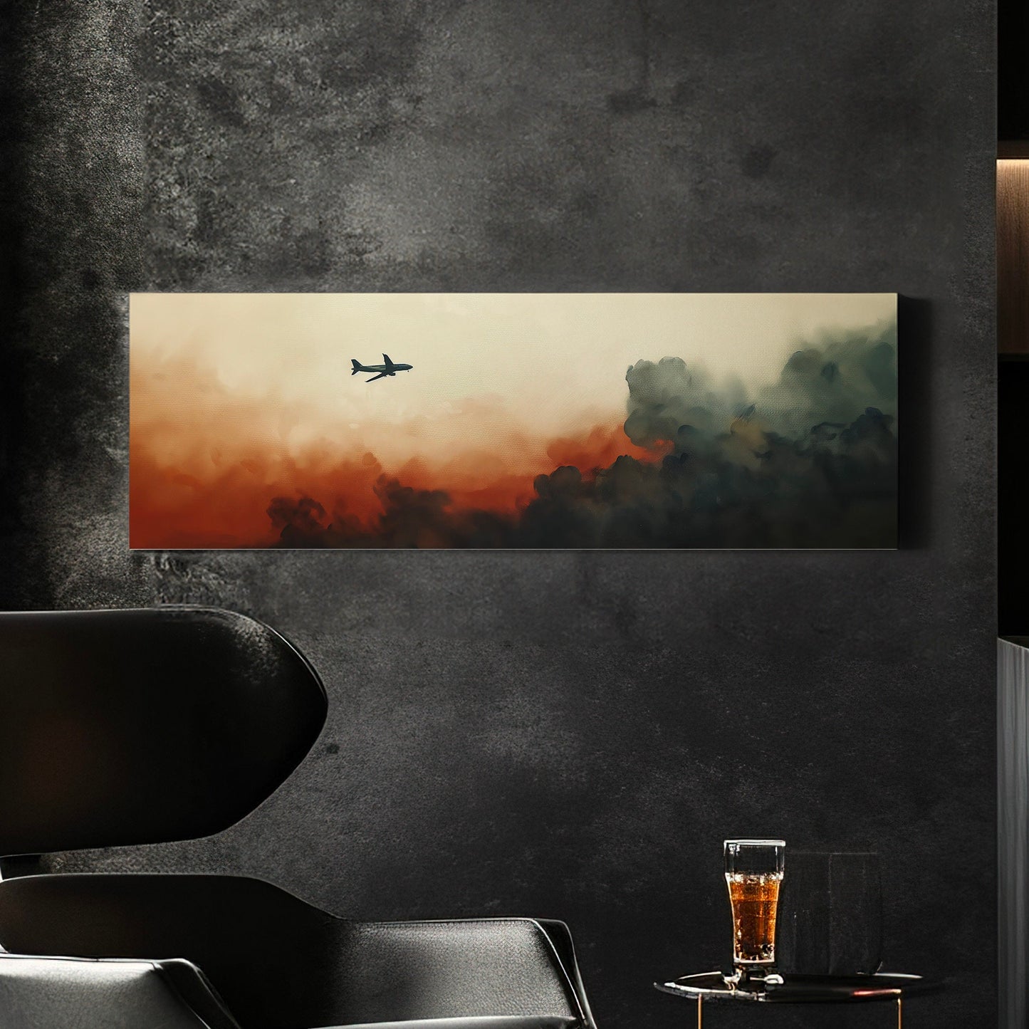 Airplane Above The Clouds Above Bed Wall Art Moody, Panoramic Aviation Canvas Print, Sky Long Horizontal Canvas Art