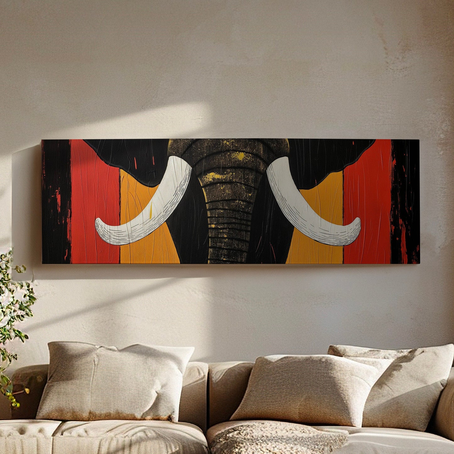 Art Deco African Elephant Above Bed Wall Art African, Panoramic Wildlife Canvas Print, Safari Long Horizontal Canvas Art