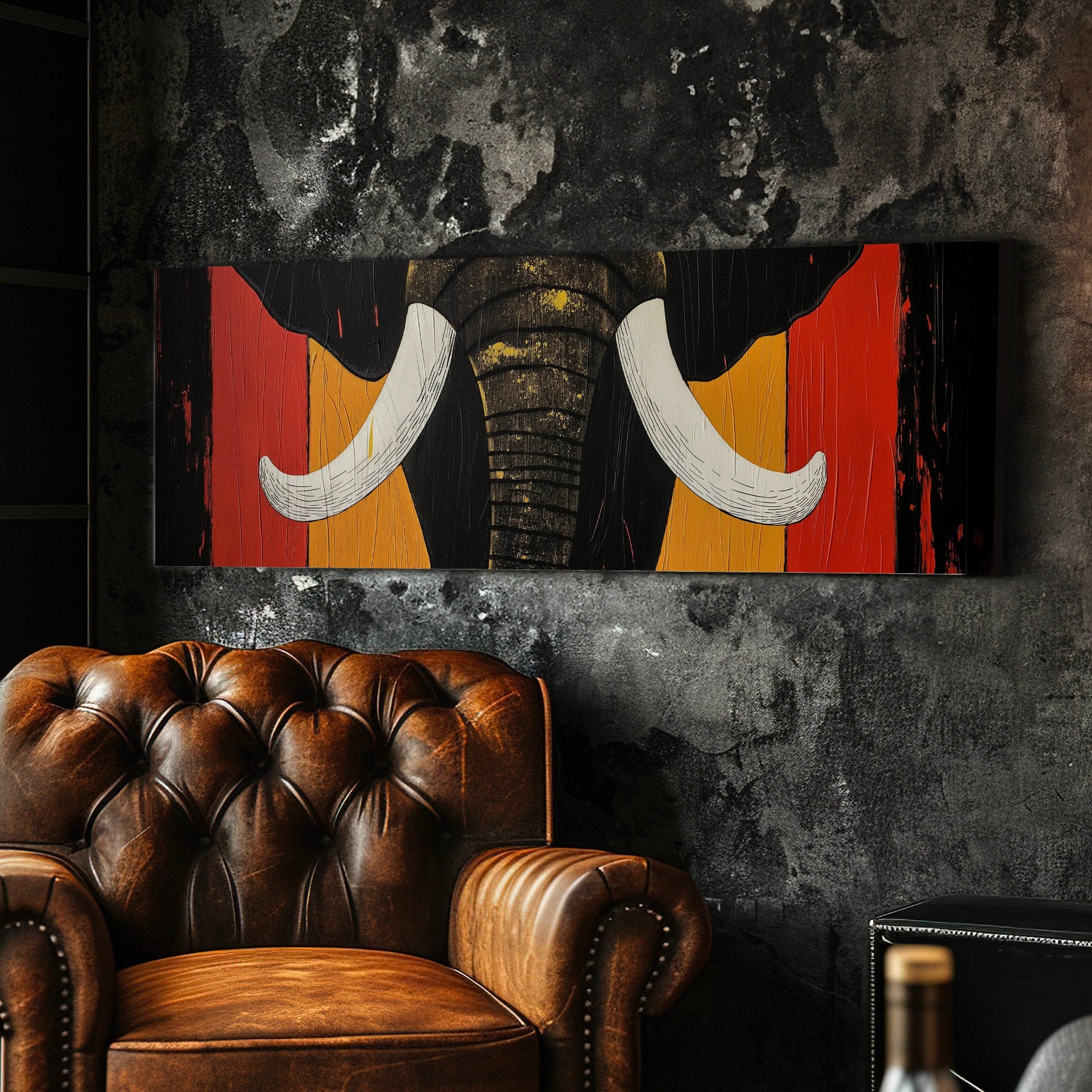 Art Deco African Elephant Above Bed Wall Art African, Panoramic Wildlife Canvas Print, Safari Long Horizontal Canvas Art