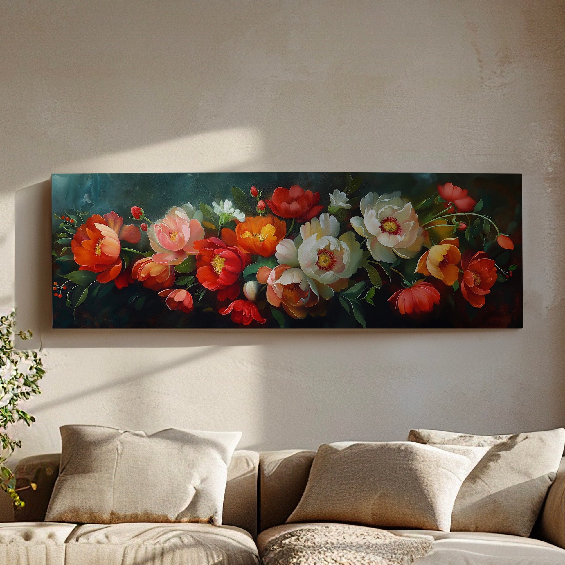 Baroque Bouquet Above Bed Wall Art Peony, Panoramic Floral Canvas Print, Impressionist Long Horizontal Canvas Art