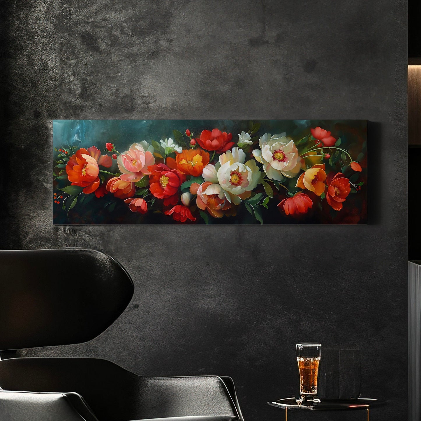 Baroque Bouquet Above Bed Wall Art Peony, Panoramic Floral Canvas Print, Impressionist Long Horizontal Canvas Art